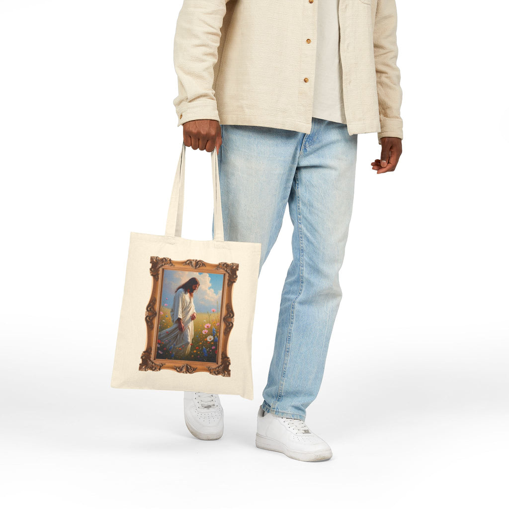 Jesus Among Wildflowers - Framed - Canvas Tote Bag - Christ Walking Prayerfully