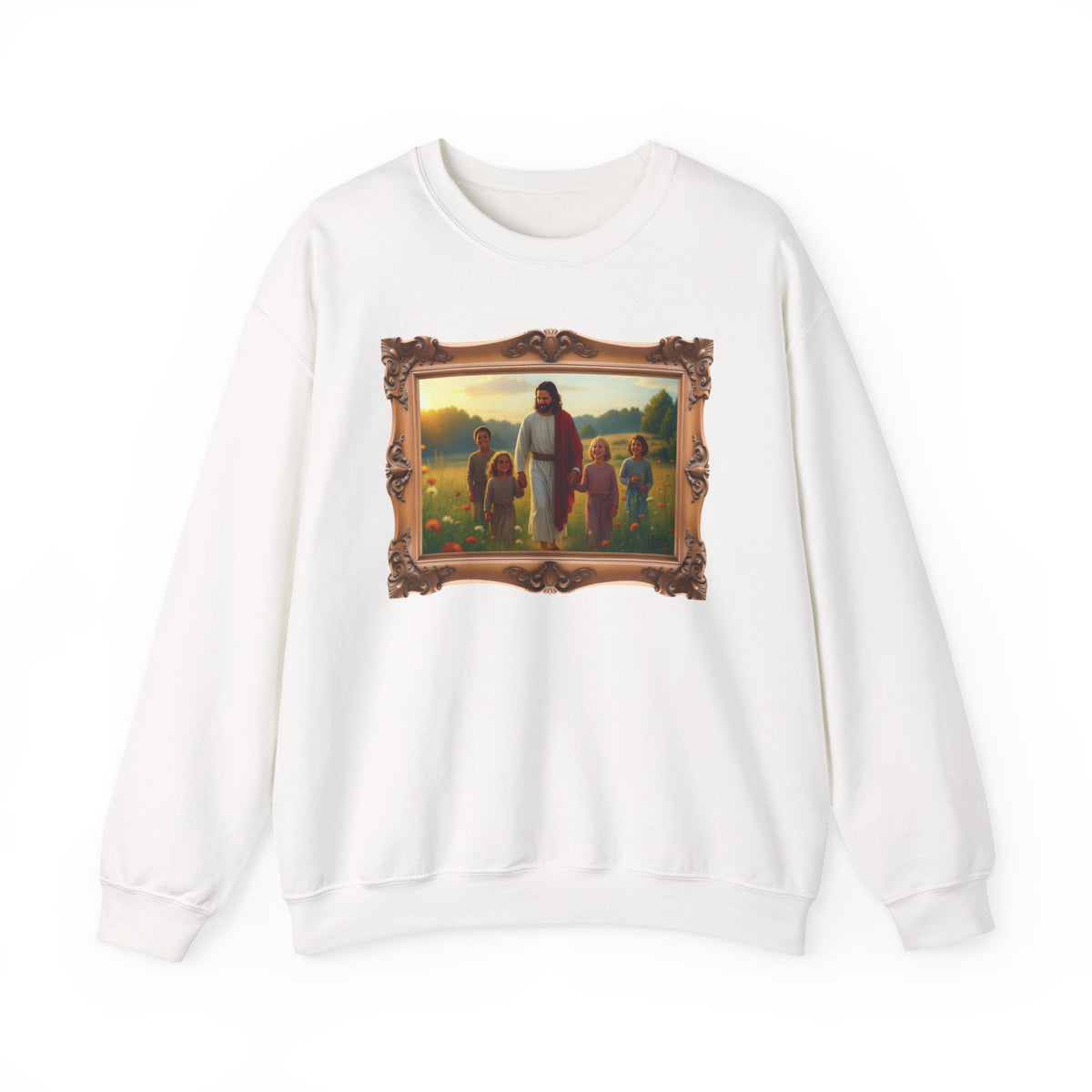 Jesus with Children in Wildflowers - Framed | Crewneck Sweatshirt | Christian Art | Faith-Inspired