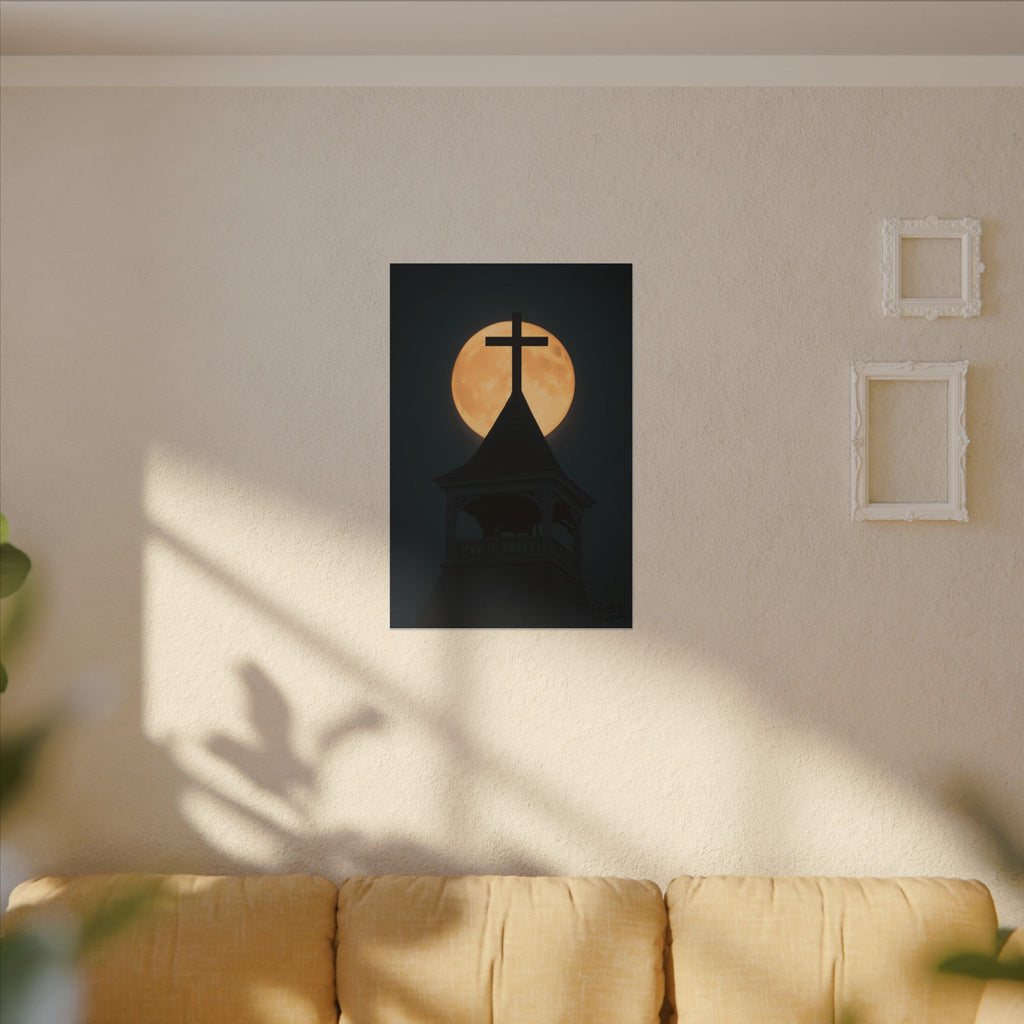 Church Steeple Moon | 24" x 36" Canvas (Vertical) | Christian Wall Art | Faith Home Decor | Inspirational Night Landscape