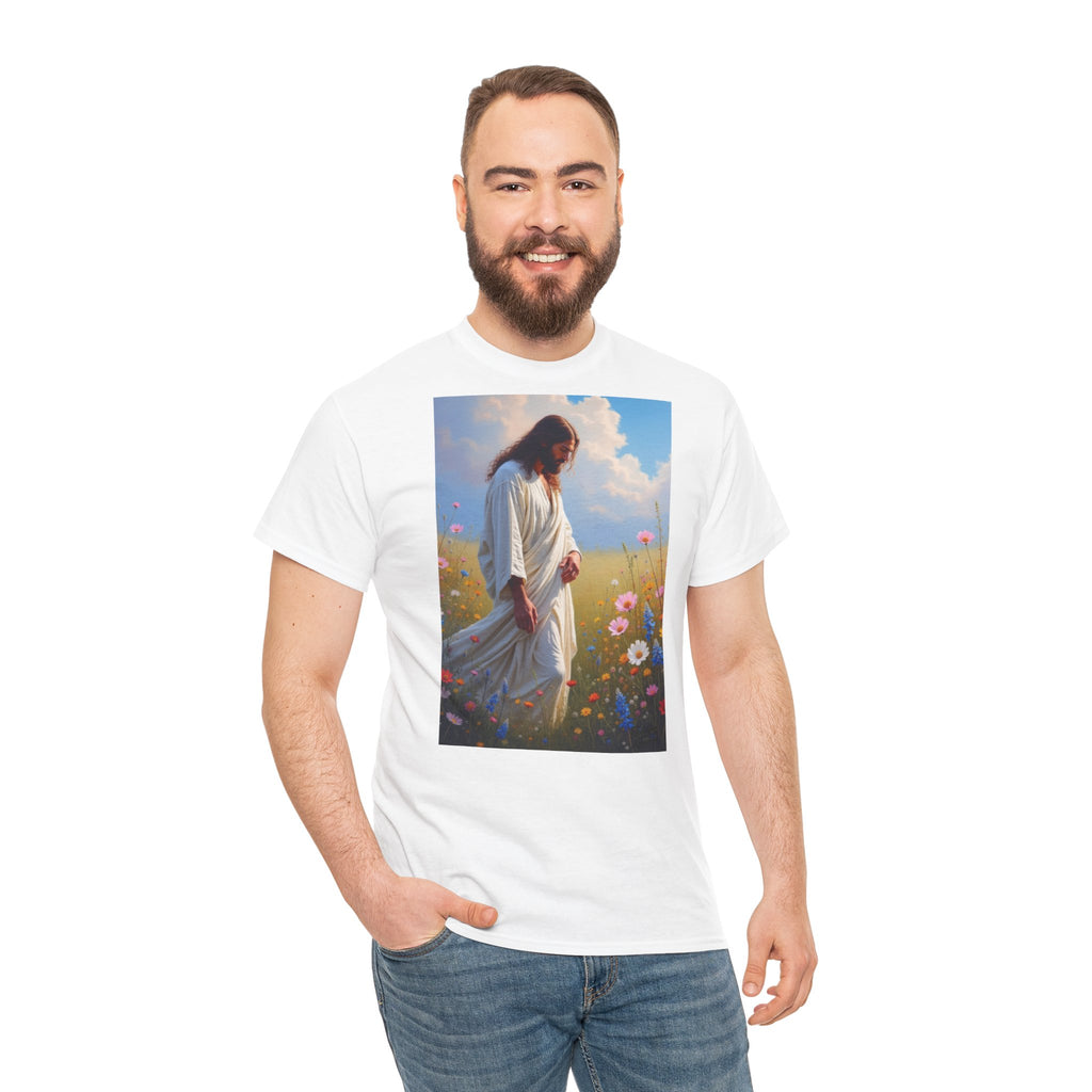Jesus Among Wildflowers - T-Shirt | Religious Inspirational Tee | Christ Walking Prayerfully