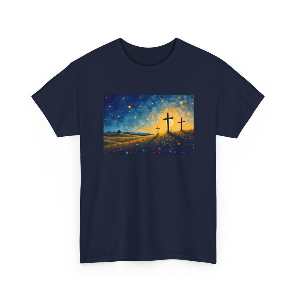 Three Crosses on Hill - T-Shirt | Religious Inspirational Tee, Jesus Faith Artwork