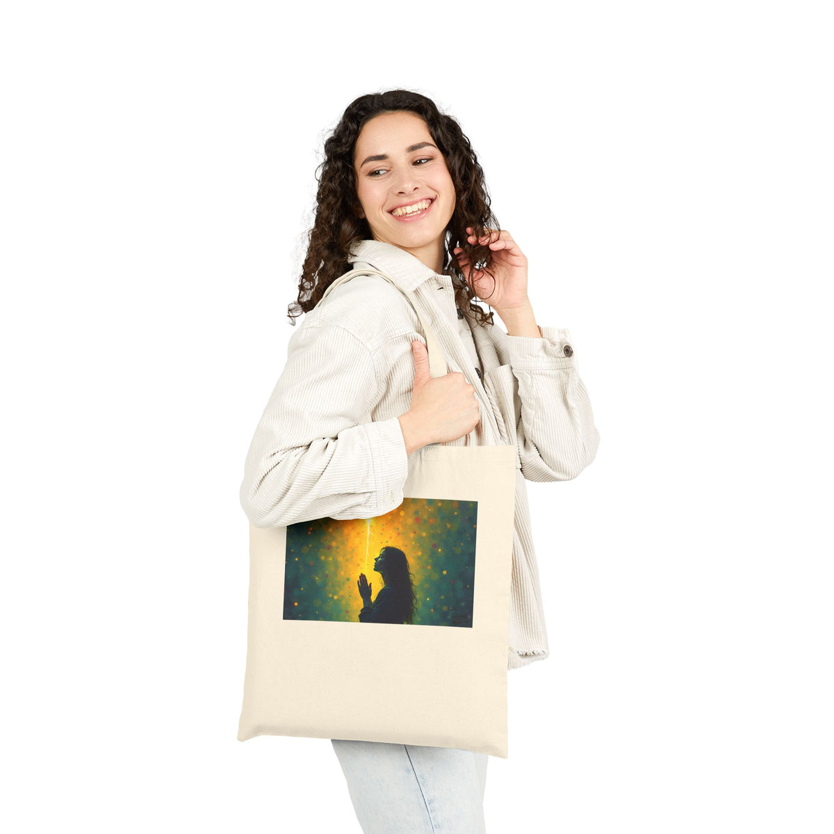 Woman in Prayer Under Magical Light - Canvas Tote Bag