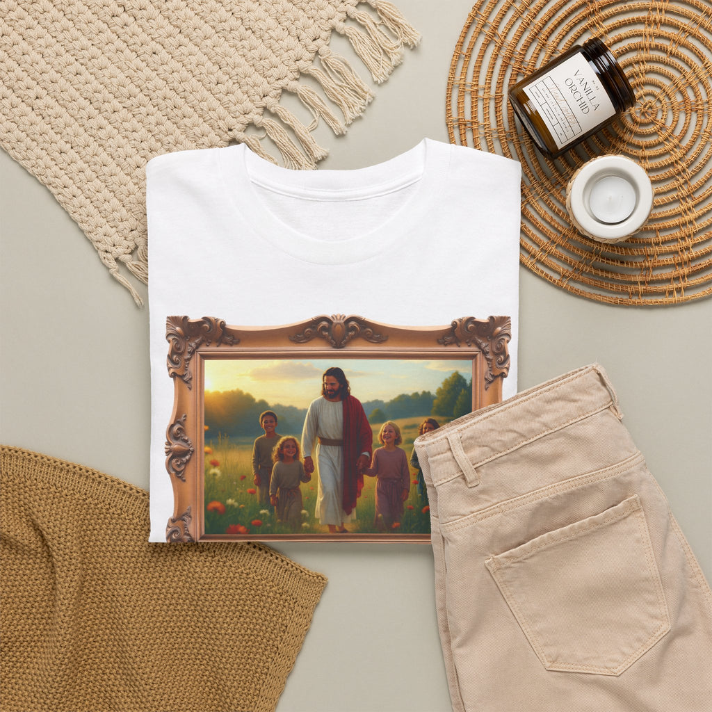 Jesus with Children in Wildflowers - Framed - T-Shirt | Religious Inspirational Tee, Prayer Artwork