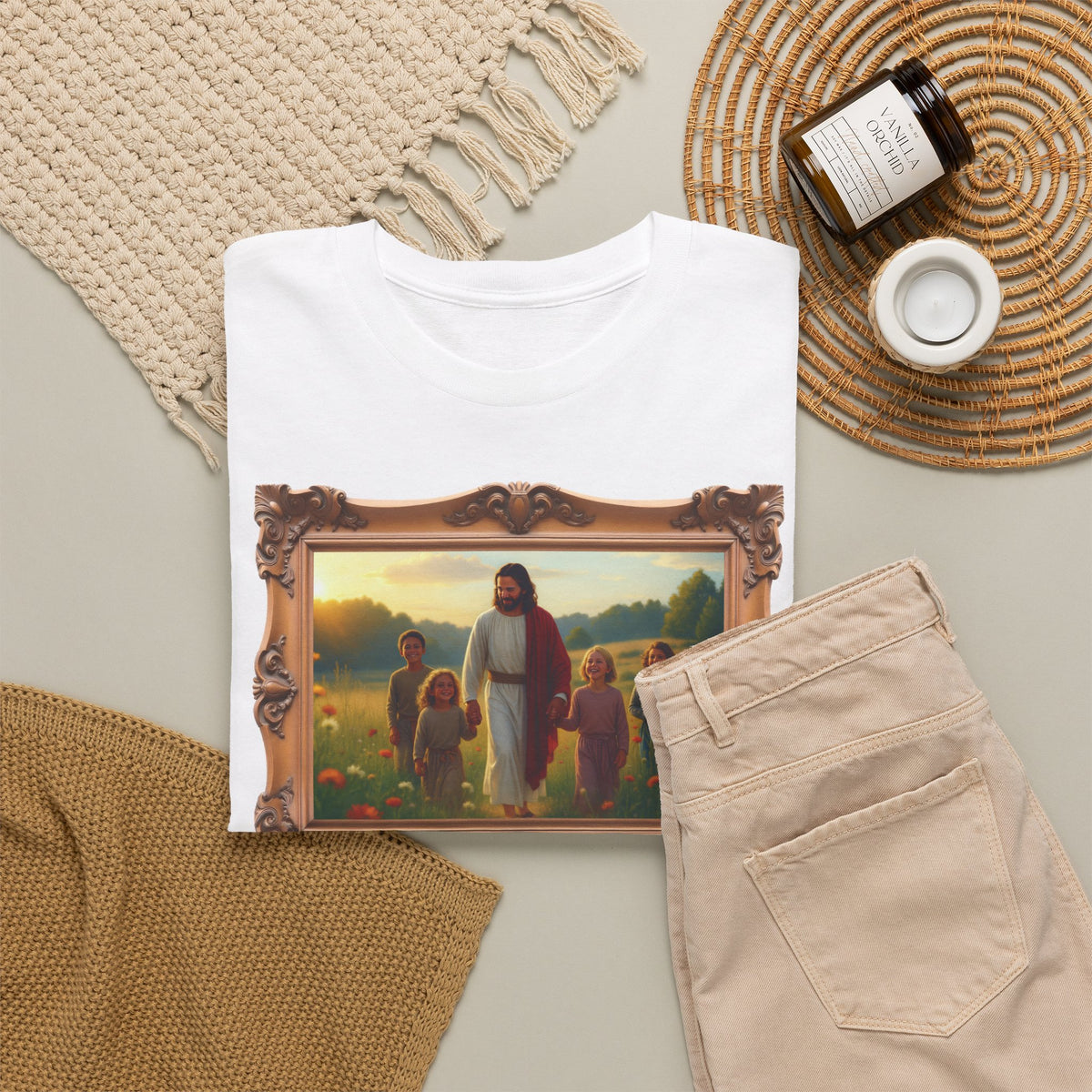 Jesus with Children in Wildflowers - Framed - T-Shirt | Religious Inspirational Tee, Prayer Artwork