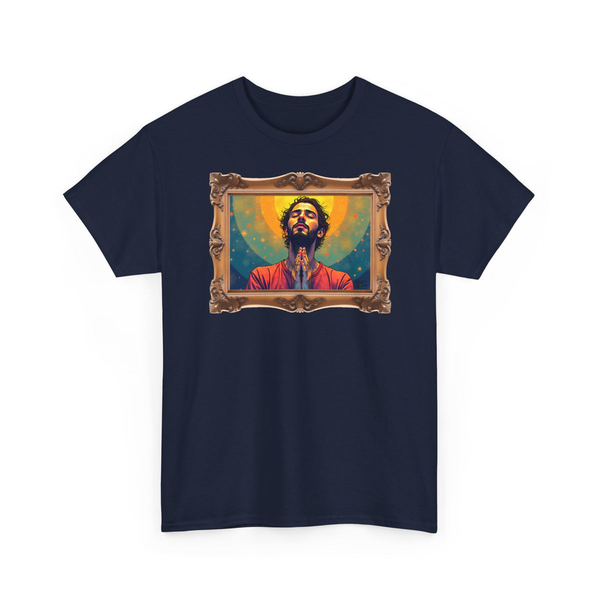Praying Man - Serenity in Cosmic Light - Framed - T-Shirt | Religious Inspirational Tee, Prayer Artwork