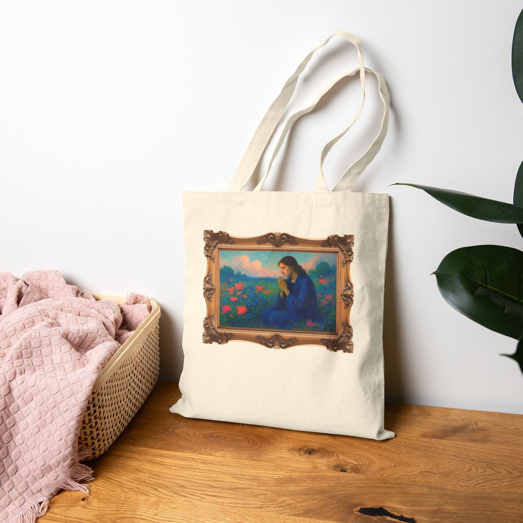 Praying Woman in Wildflowers - Framed - Canvas Tote Bag