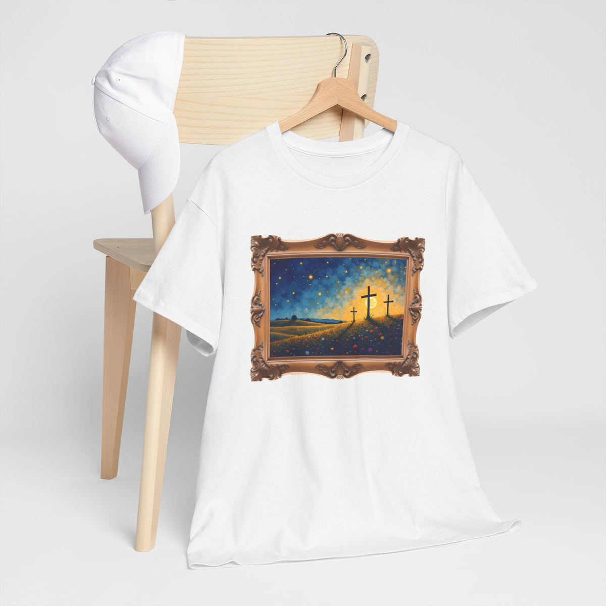 Three Crosses on Hill - Framed - T-Shirt | Religious Inspirational Tee, Jesus Faith Artwork