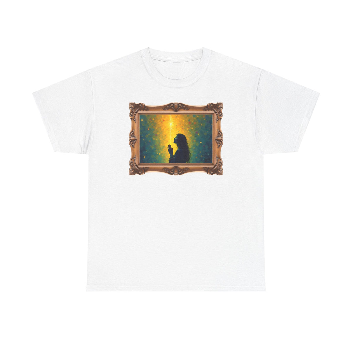 Woman in Prayer Under Magical Light - Framed - T-Shirt | Religious Inspirational Tee, Prayer Shirt
