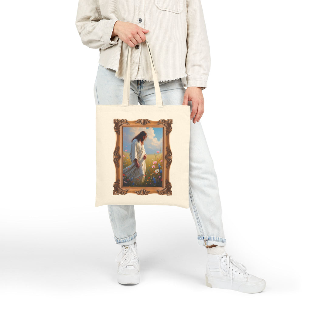 Jesus Among Wildflowers - Framed - Canvas Tote Bag - Christ Walking Prayerfully