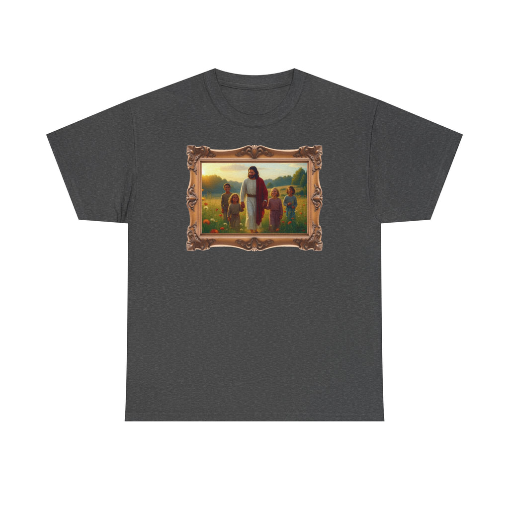 Jesus with Children in Wildflowers - Framed - T-Shirt | Religious Inspirational Tee, Prayer Artwork