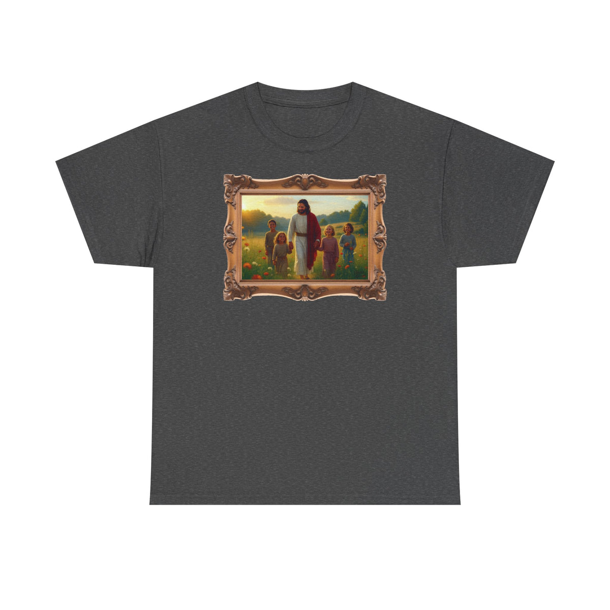 Jesus with Children in Wildflowers - Framed - T-Shirt | Religious Inspirational Tee, Prayer Artwork