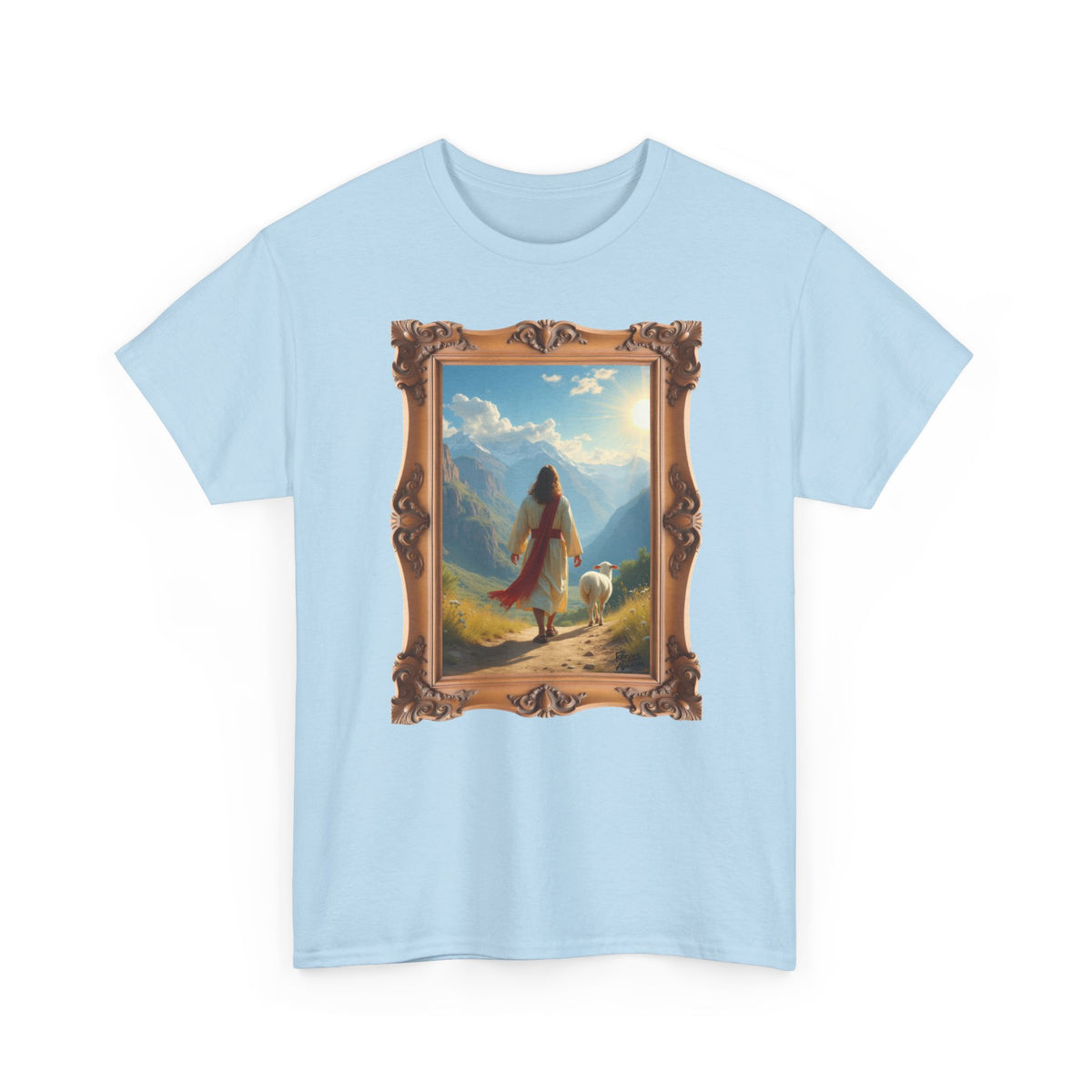 Jesus and the Lost Lamb - Framed - T-Shirt | Religious Inspirational Tee, Jesus in Bible Artwork