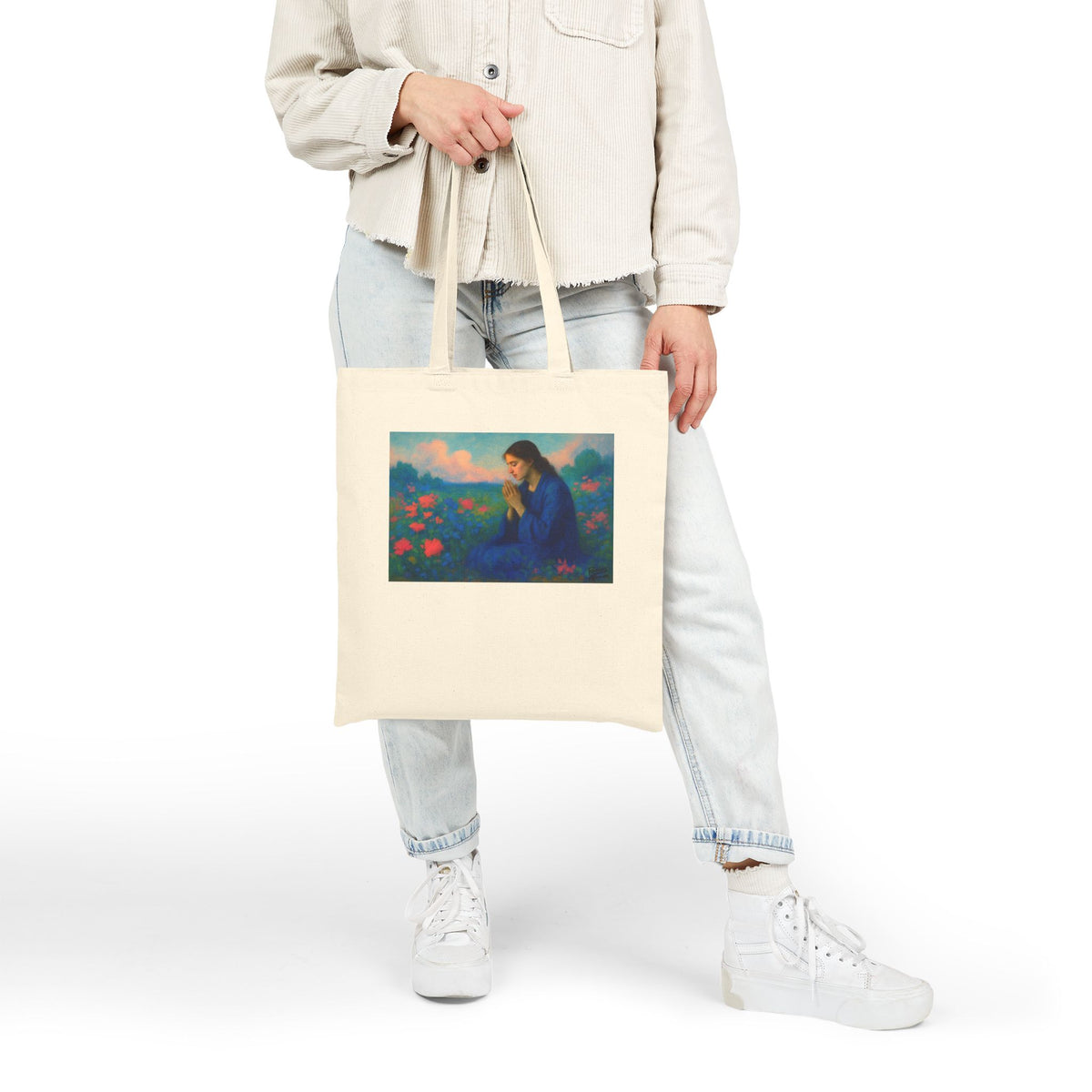 Praying Woman in Wildflowers - Canvas Tote Bag