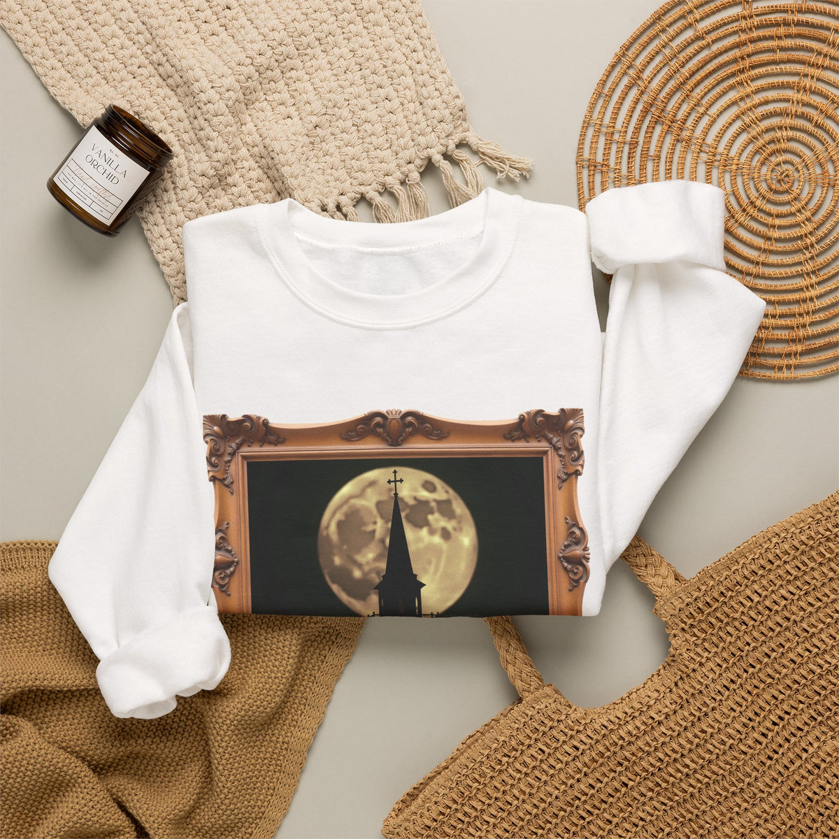 Moonlit Church Steeple - Framed - Crewneck Sweatshirt | Beauty of the Night Sky