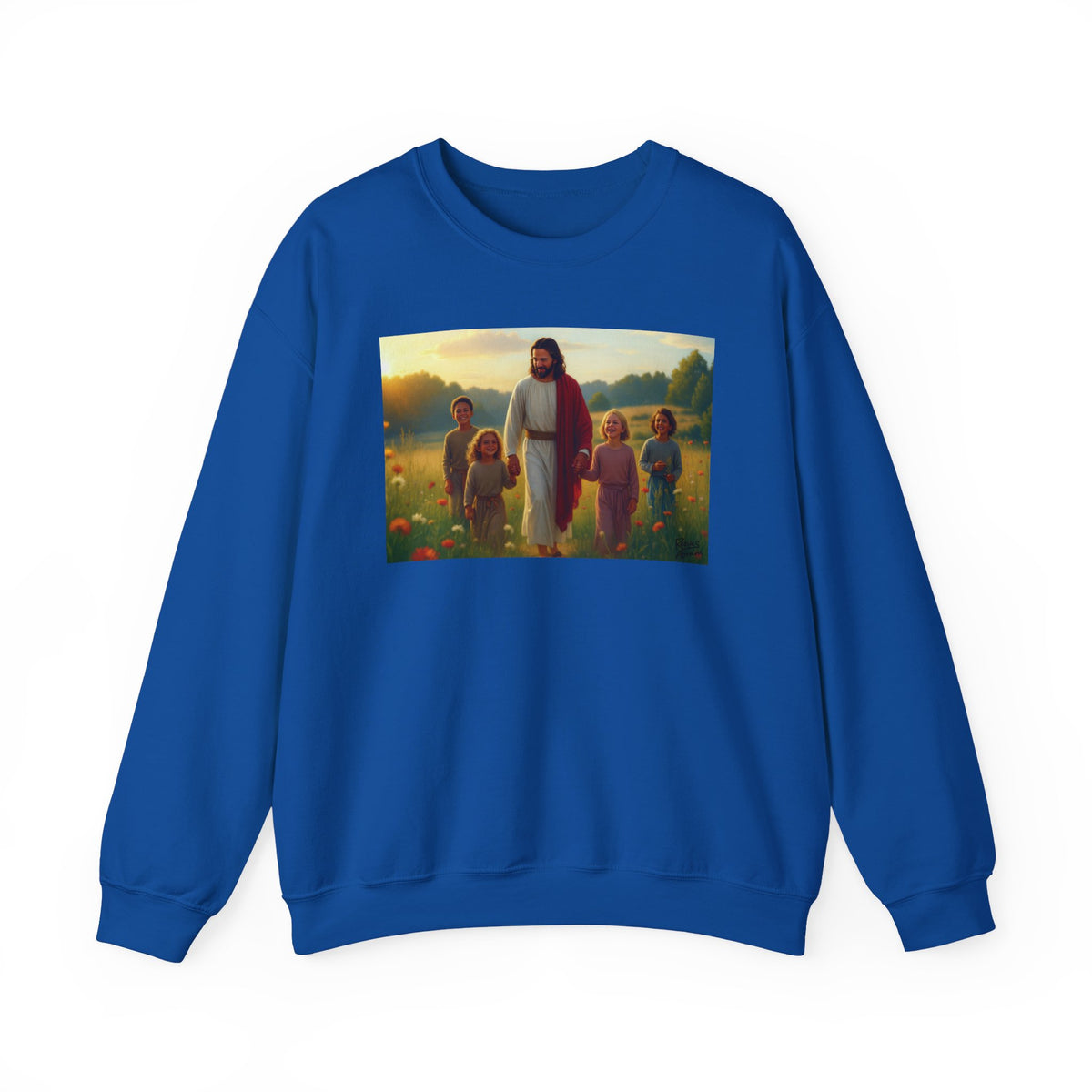 Jesus with Children in Wildflowers | Crewneck Sweatshirt | Christian Art | Faith-Inspired