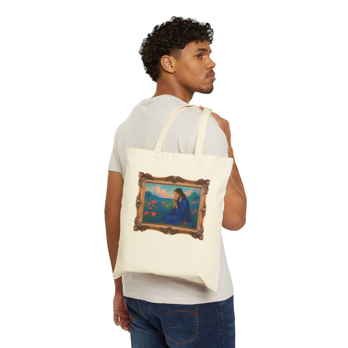 Praying Woman in Wildflowers - Framed - Canvas Tote Bag