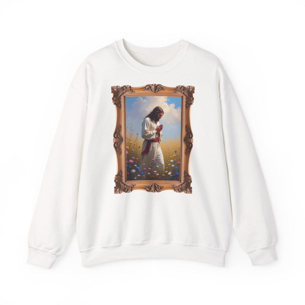Jesus Praying in Meadow - Framed - Crewneck Sweatshirt | Prayer Shirt