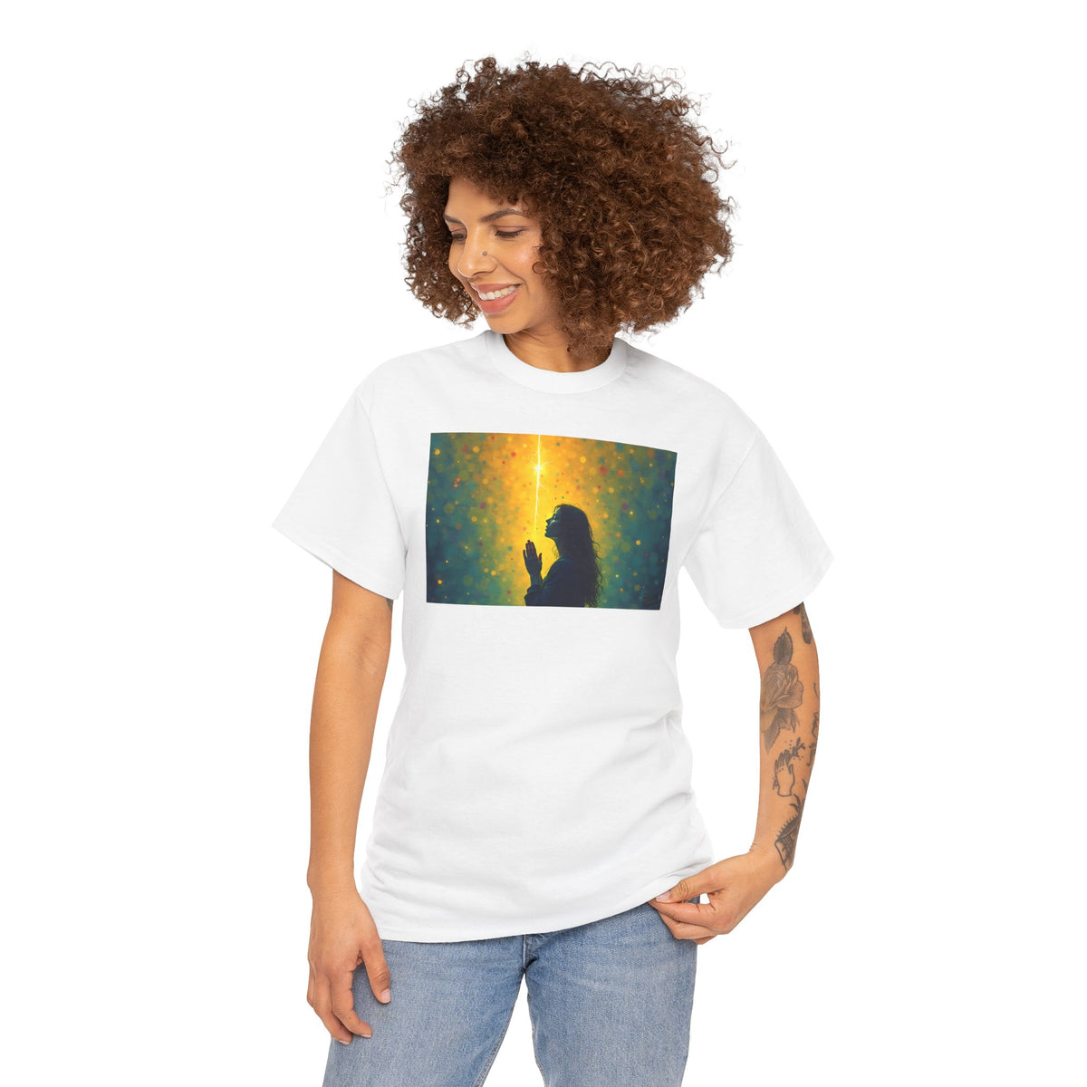 Woman in Prayer Under Magical Light - T-Shirt | Religious Inspirational Tee, Prayer Shirt