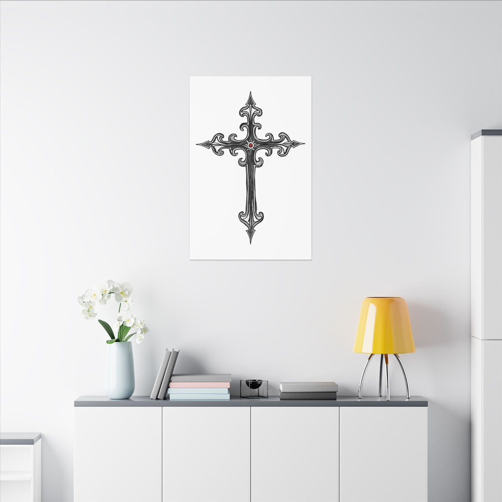 Ornate Silver Jeweled Cross Sketch | 24" x 36" Canvas (Vertical) | Christian Wall Art | Faith Home Decor | Inspirational Gothic-Style