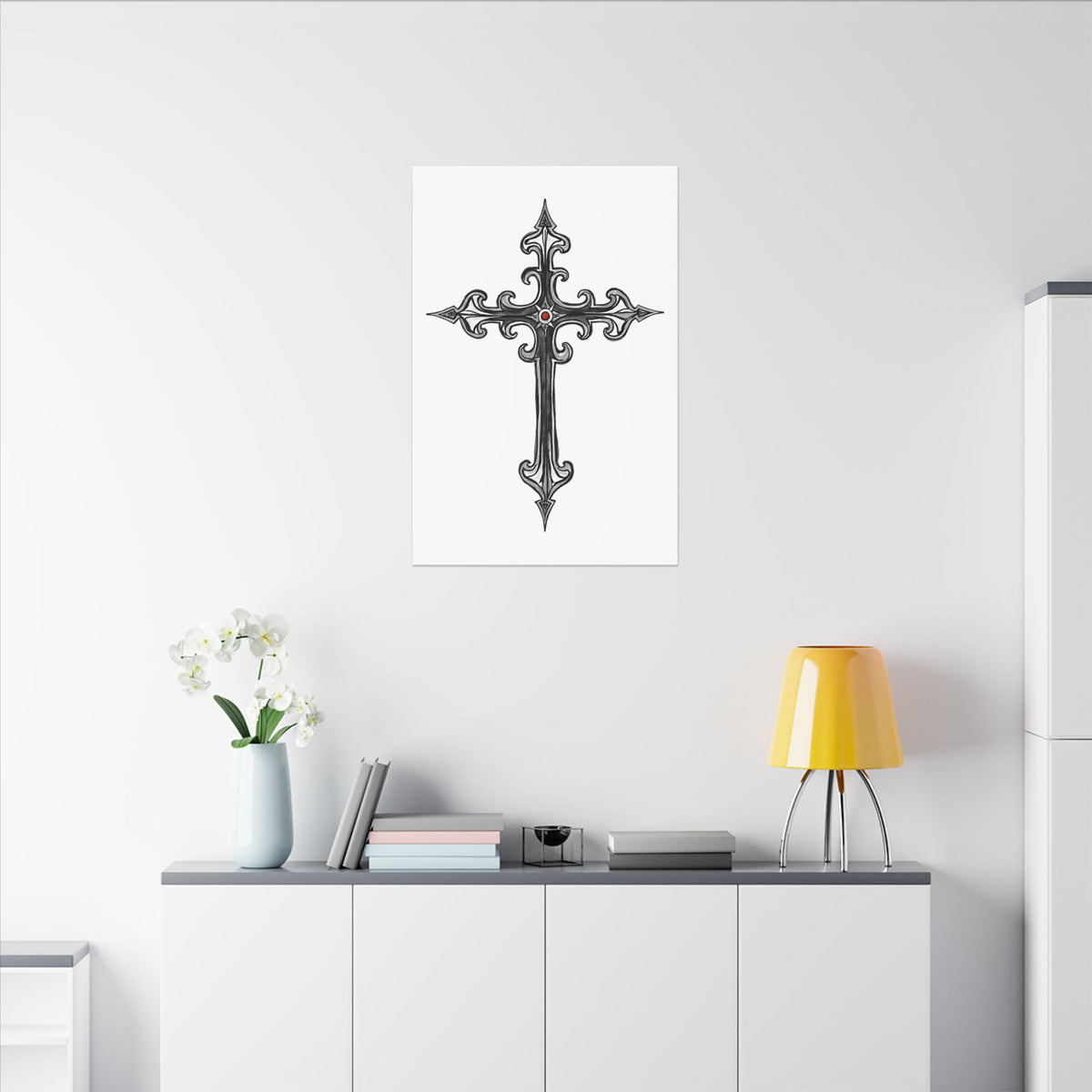 Ornate Silver Jeweled Cross Sketch | 24" x 36" Canvas (Vertical) | Christian Wall Art | Faith Home Decor | Inspirational Gothic-Style
