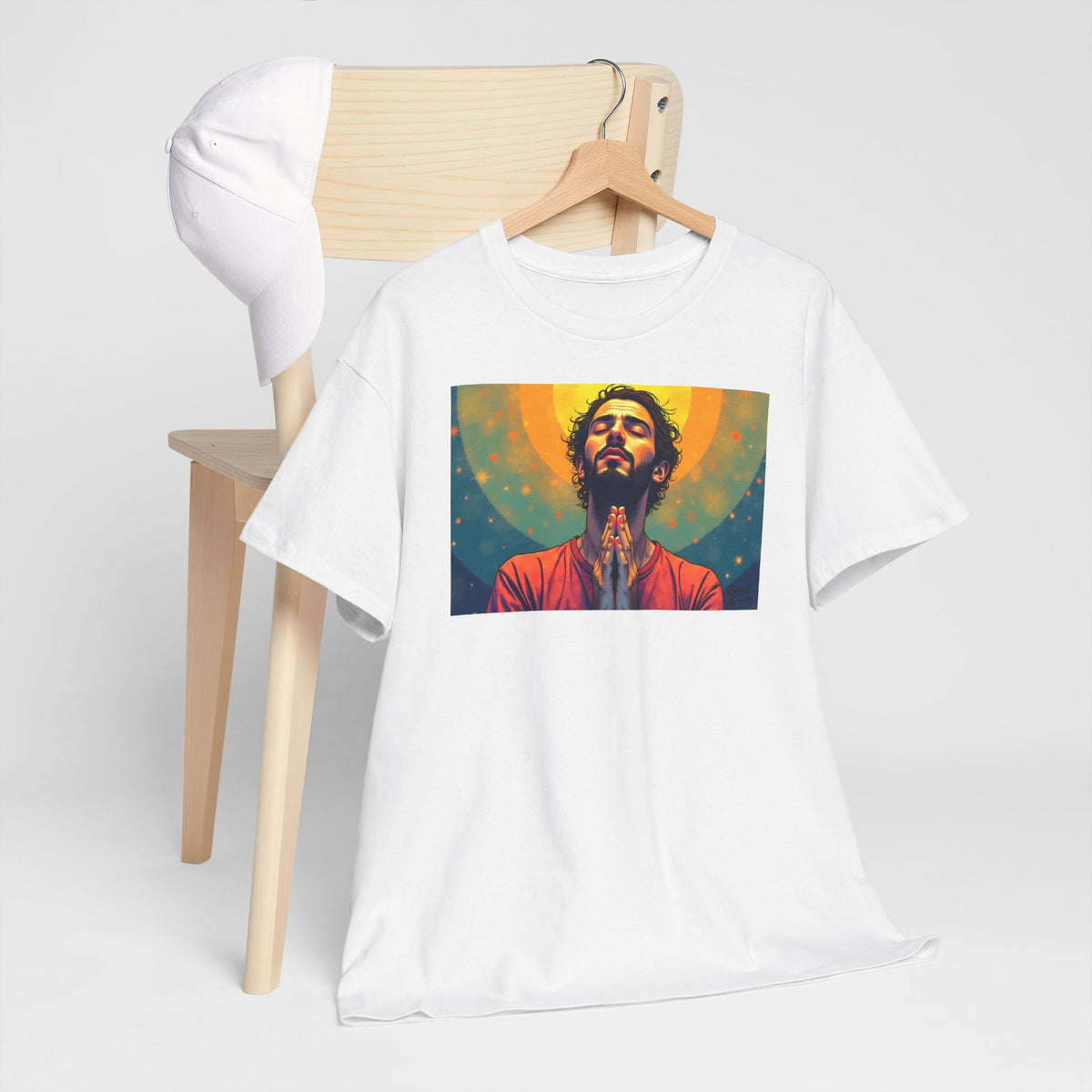 Praying Man - Serenity in Cosmic Light - T-Shirt | Religious Inspirational Tee, Prayer Artwork