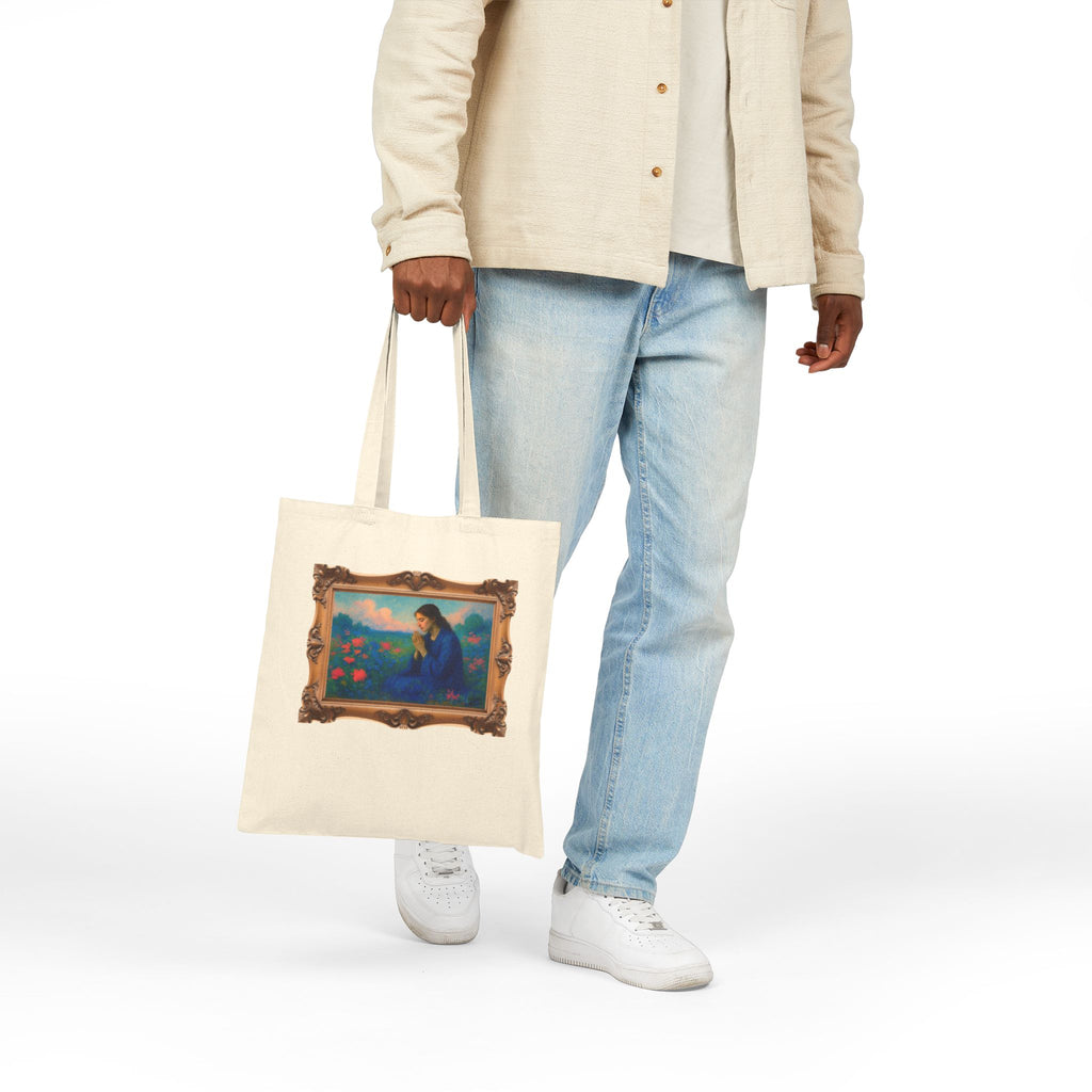 Praying Woman in Wildflowers - Framed - Canvas Tote Bag