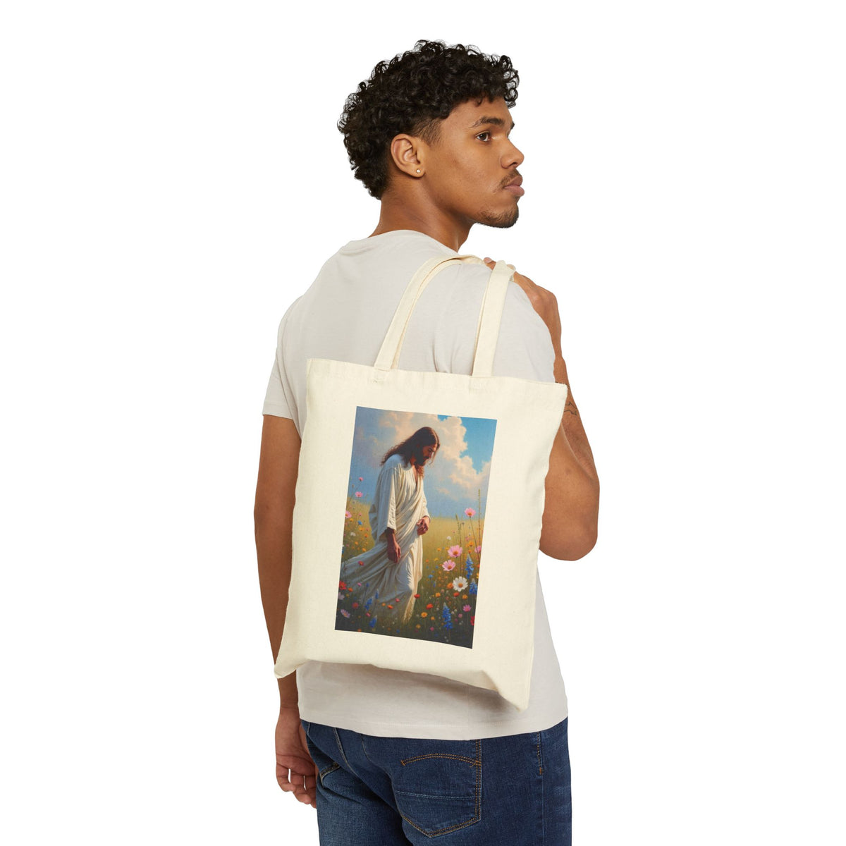 Jesus Among Wildflowers - Canvas Tote Bag - Christ Walking Prayerfully