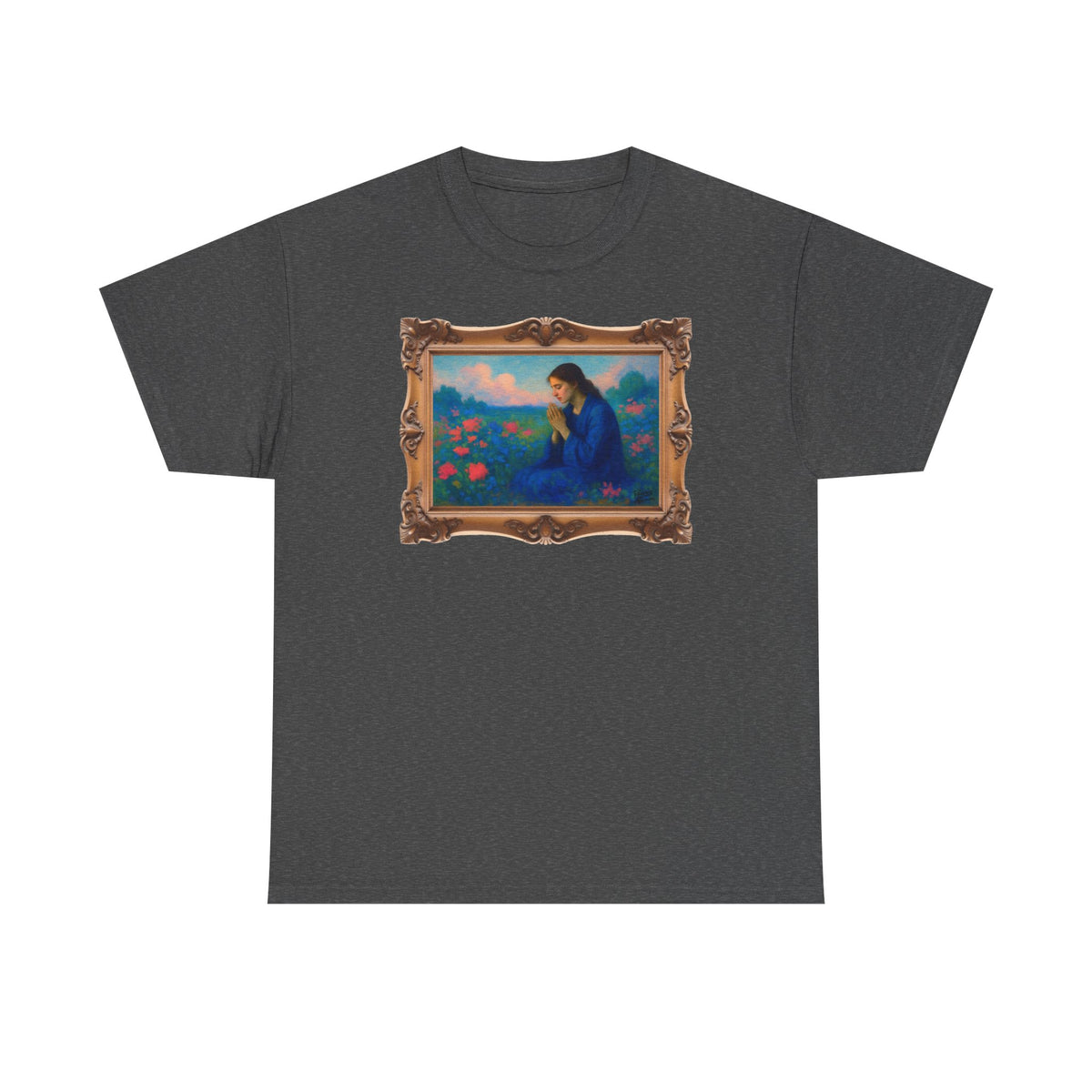 Praying Woman in Wildflowers - Framed - T-Shirt | Religious Inspirational Tee, Prayer Shirt