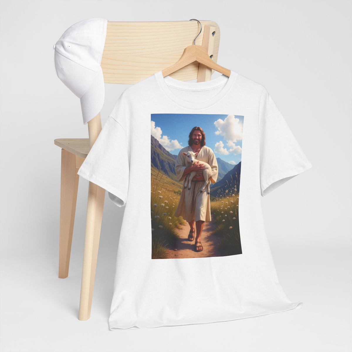 Jesus Carrying the Little Lamb - T-Shirt | Religious Inspirational Tee | The Good Shepherd Christian Art