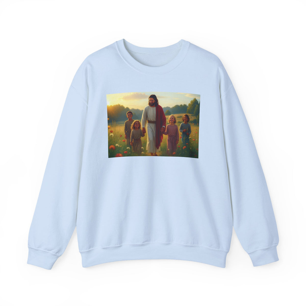 Jesus with Children in Wildflowers | Crewneck Sweatshirt | Christian Art | Faith-Inspired