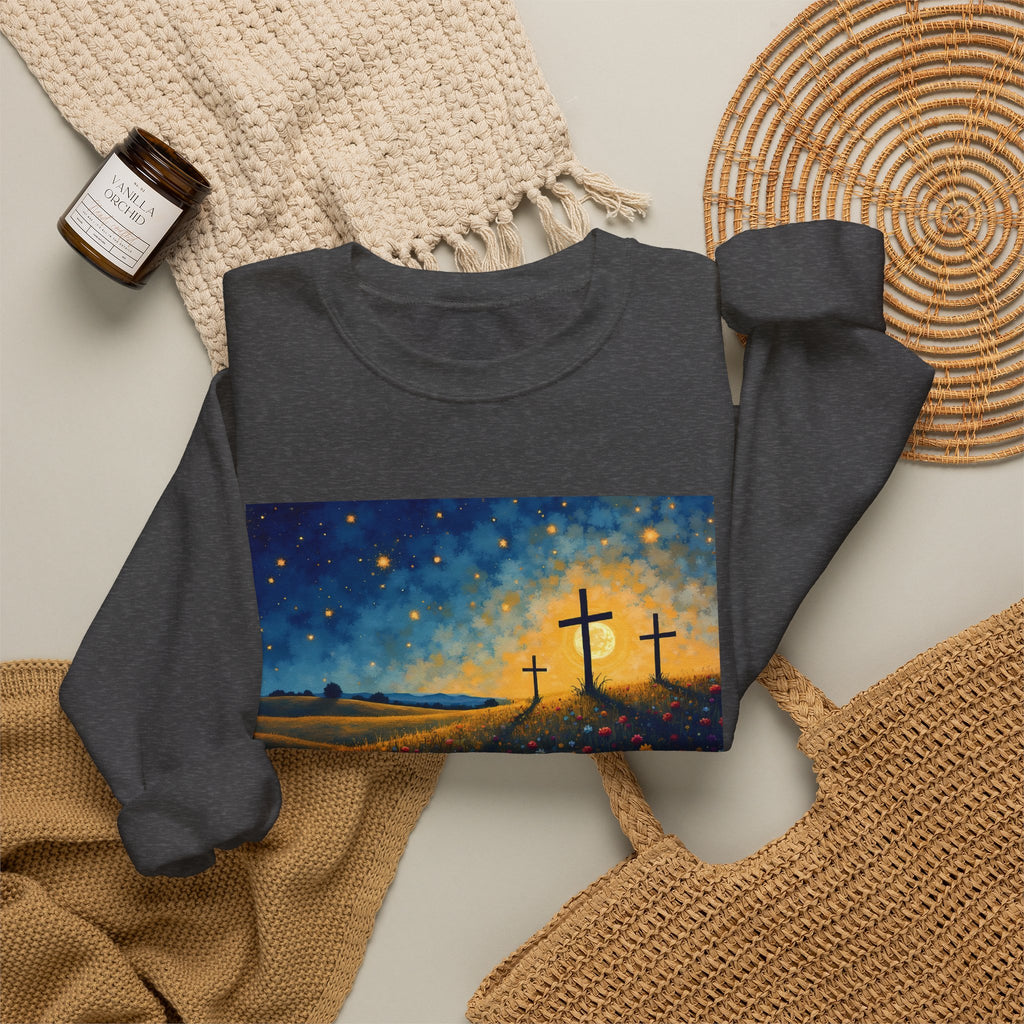 Three Crosses on Hill - Crewneck Sweatshirt | Bible Art