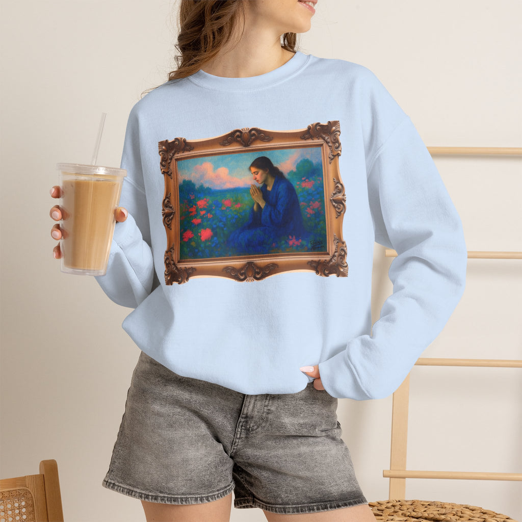 Praying Woman in Wildflowers - Framed | Crewneck Sweatshirt | Christian Art | Faith-Inspired