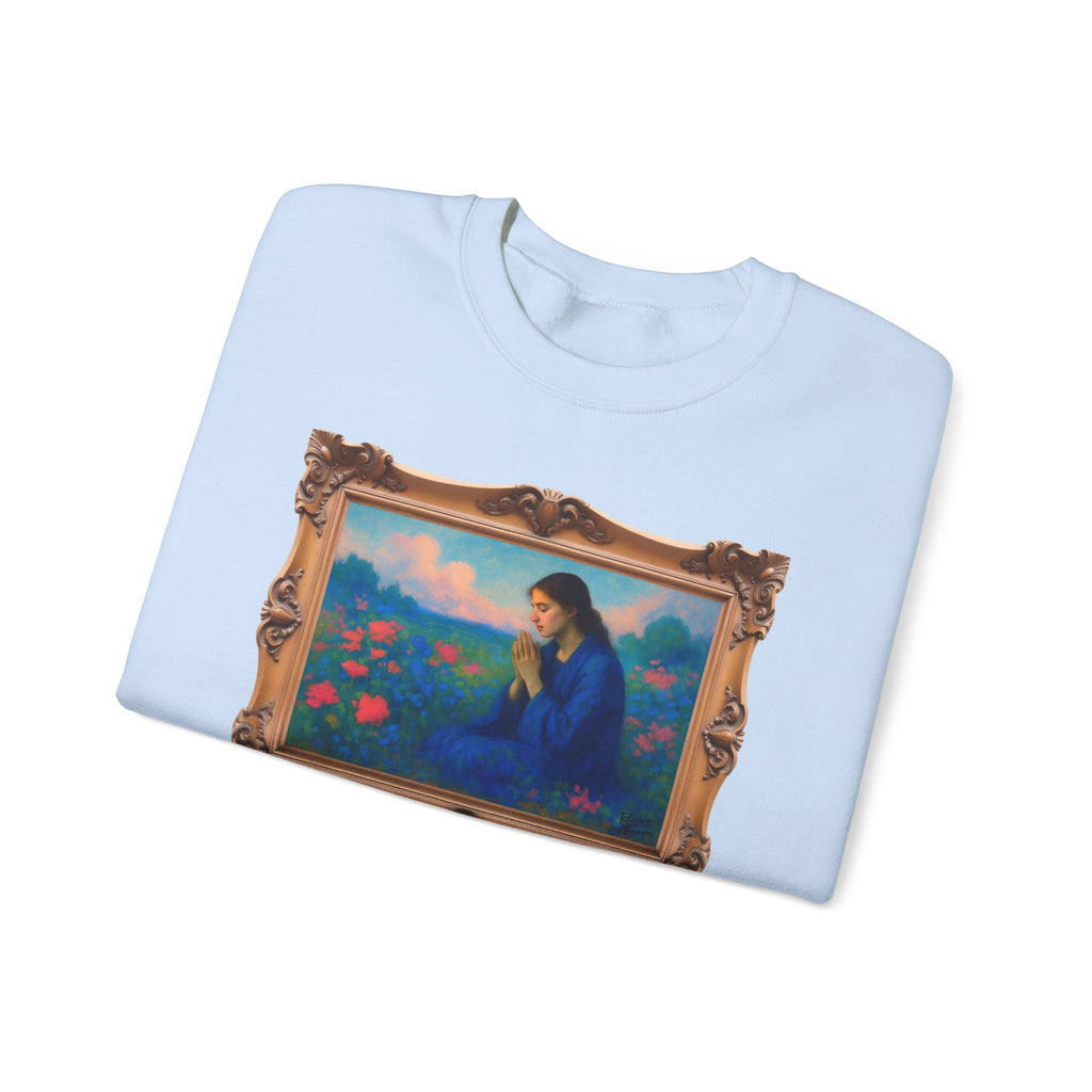 Praying Woman in Wildflowers - Framed | Crewneck Sweatshirt | Christian Art | Faith-Inspired