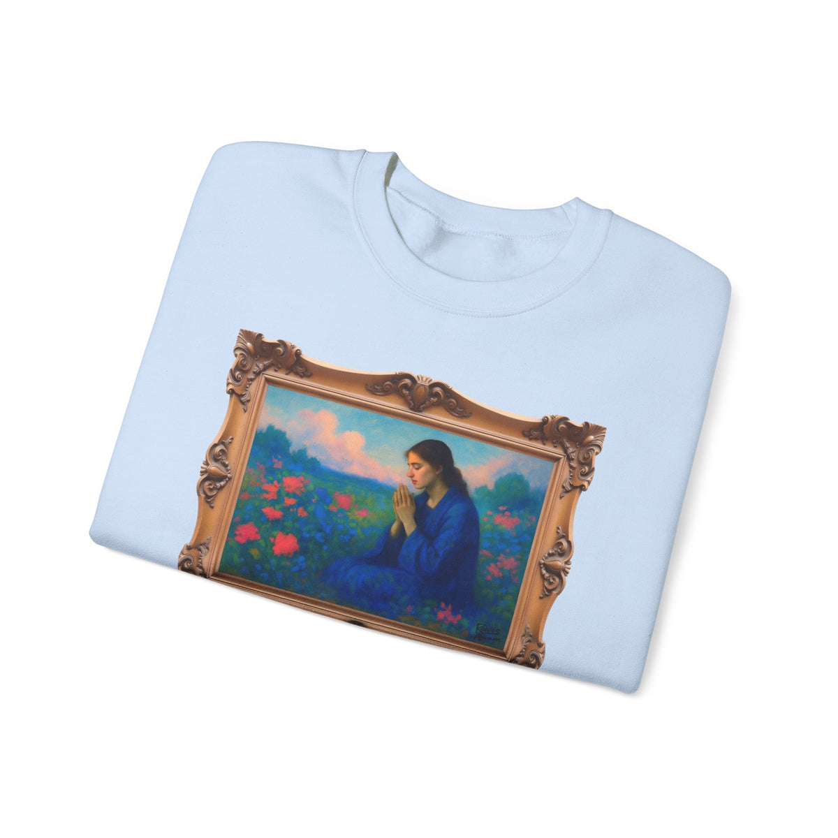 Praying Woman in Wildflowers - Framed | Crewneck Sweatshirt | Christian Art | Faith-Inspired