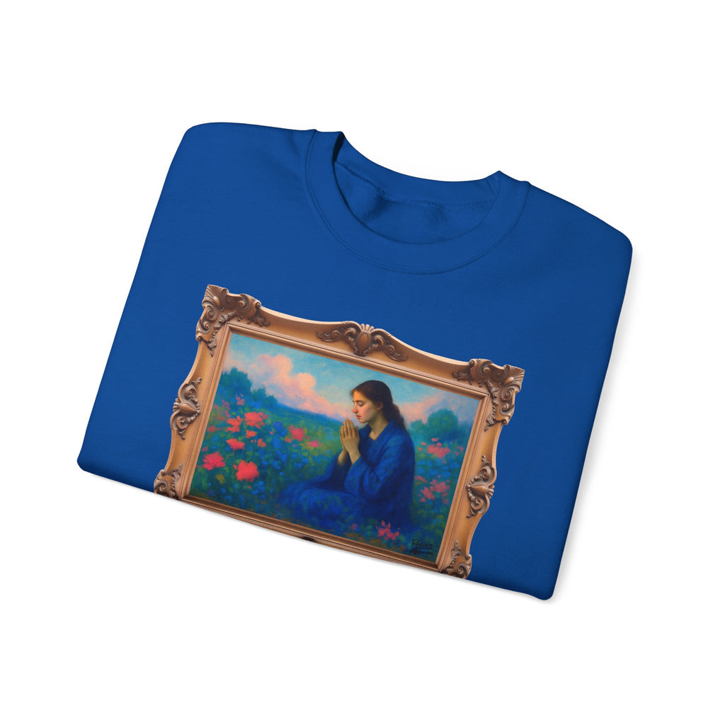 Praying Woman in Wildflowers - Framed | Crewneck Sweatshirt | Christian Art | Faith-Inspired