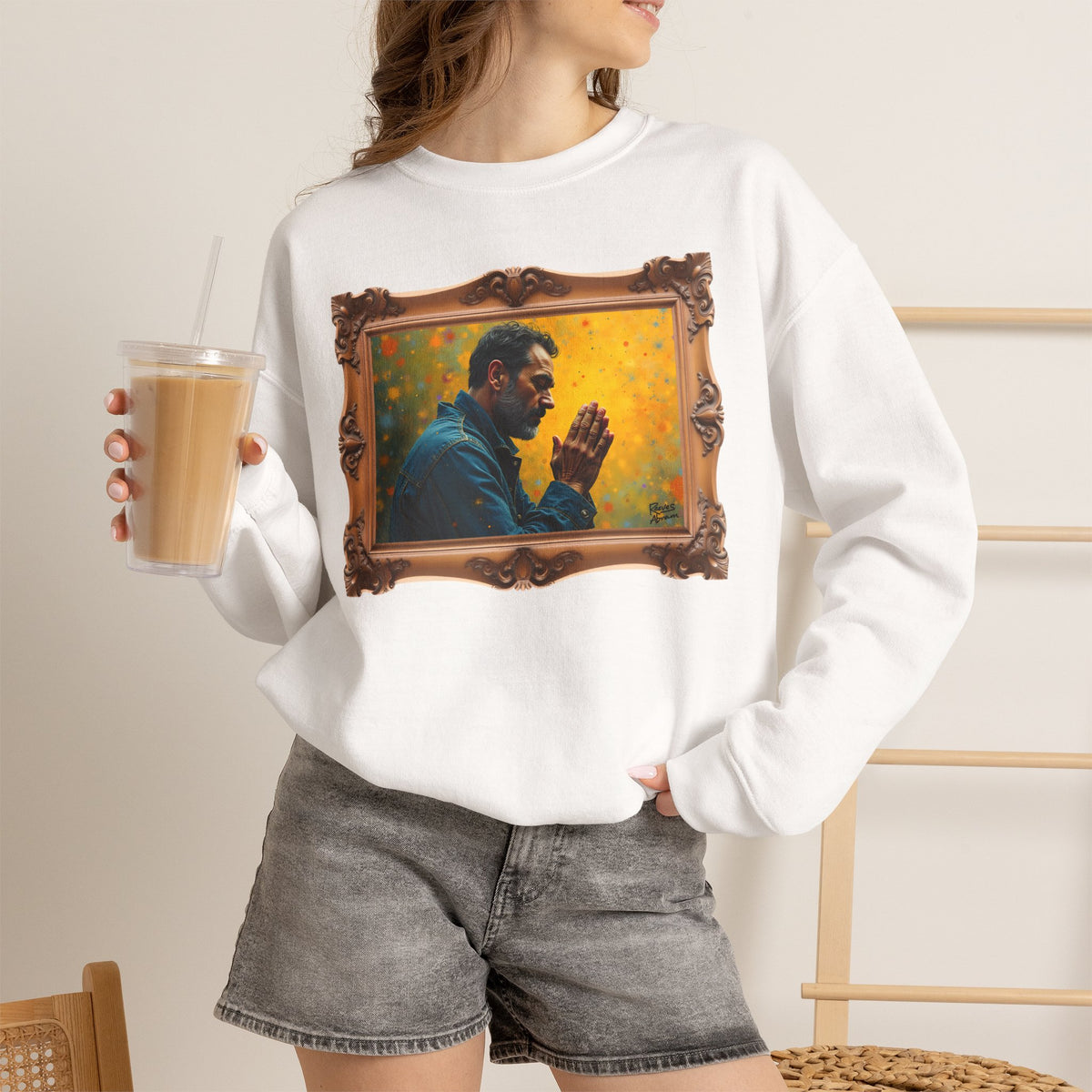 Man in Prayer - Framed | Crewneck Sweatshirt | Christian Art | Faith-Inspired