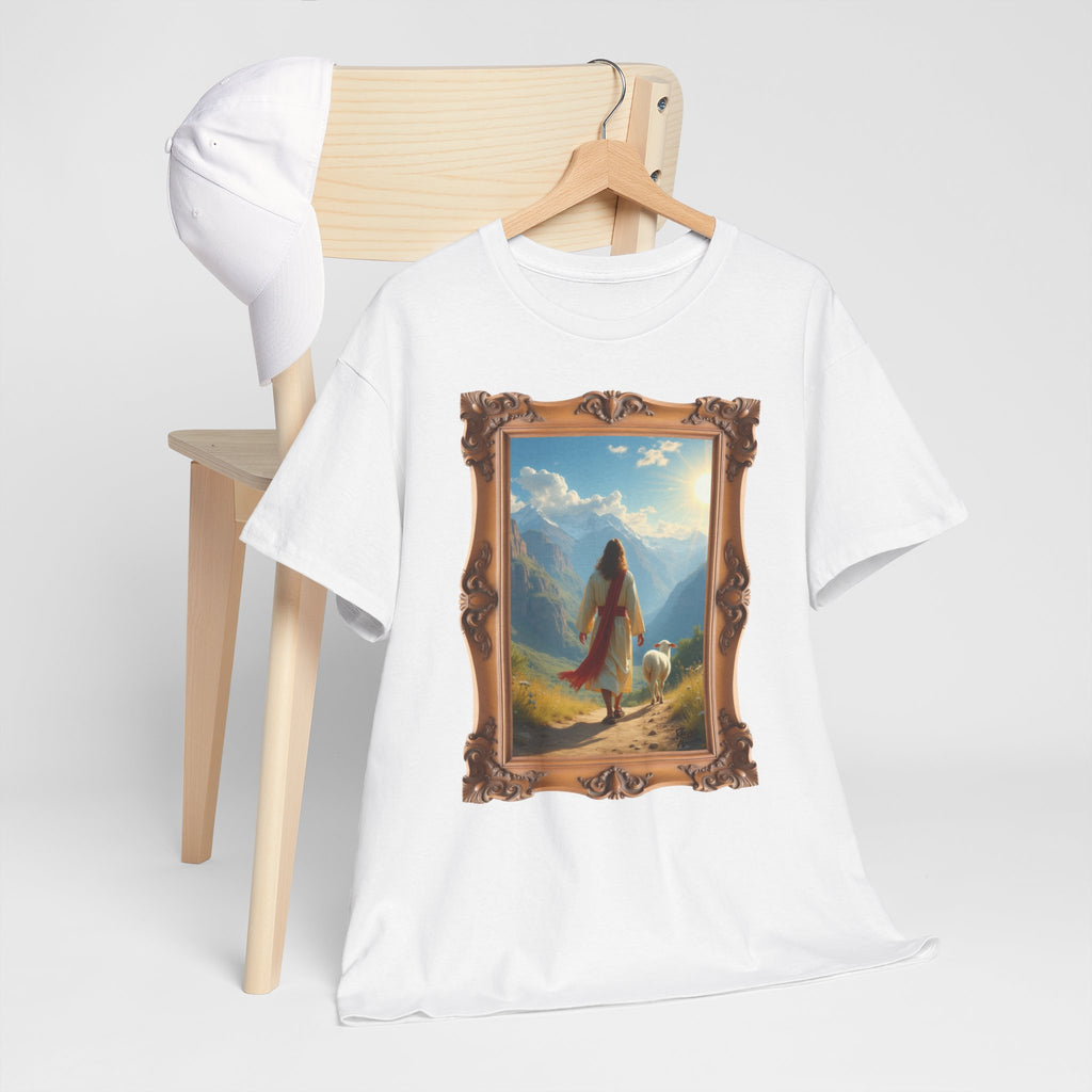 Jesus and the Lost Lamb - Framed - T-Shirt | Religious Inspirational Tee, Jesus in Bible Artwork