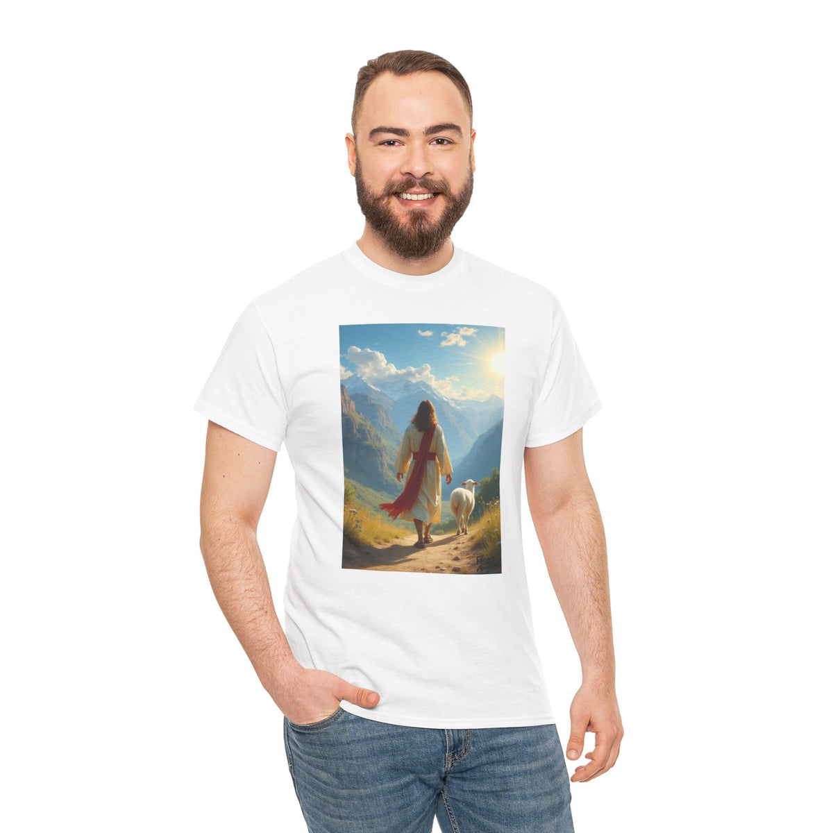 Jesus and the Lost Lamb - T-Shirt | Religious Inspirational Tee, Jesus Faith Artwork