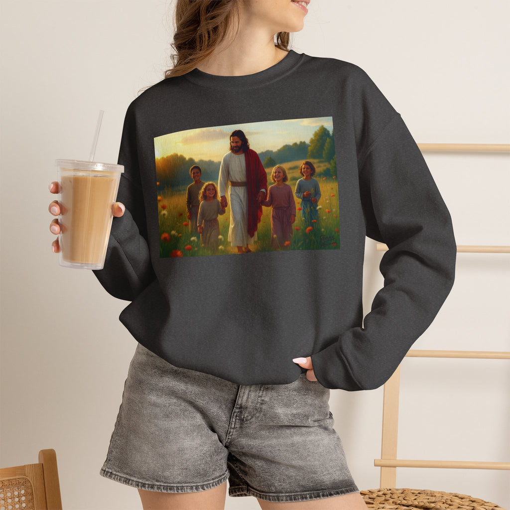 Jesus with Children in Wildflowers | Crewneck Sweatshirt | Christian Art | Faith-Inspired