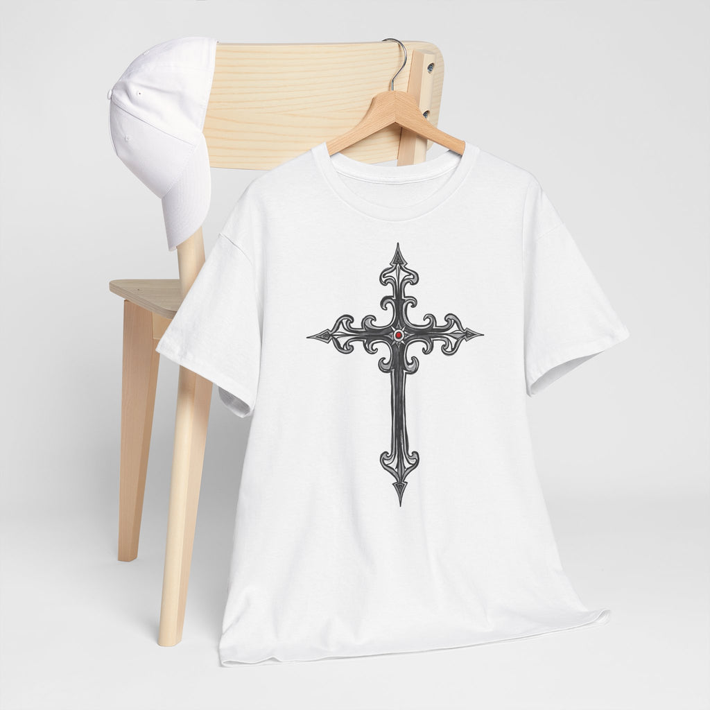 Ornate Silver Jeweled Cross Sketch - T-Shirt | Religious Inspirational Tee | Gothic-Style Christian Art