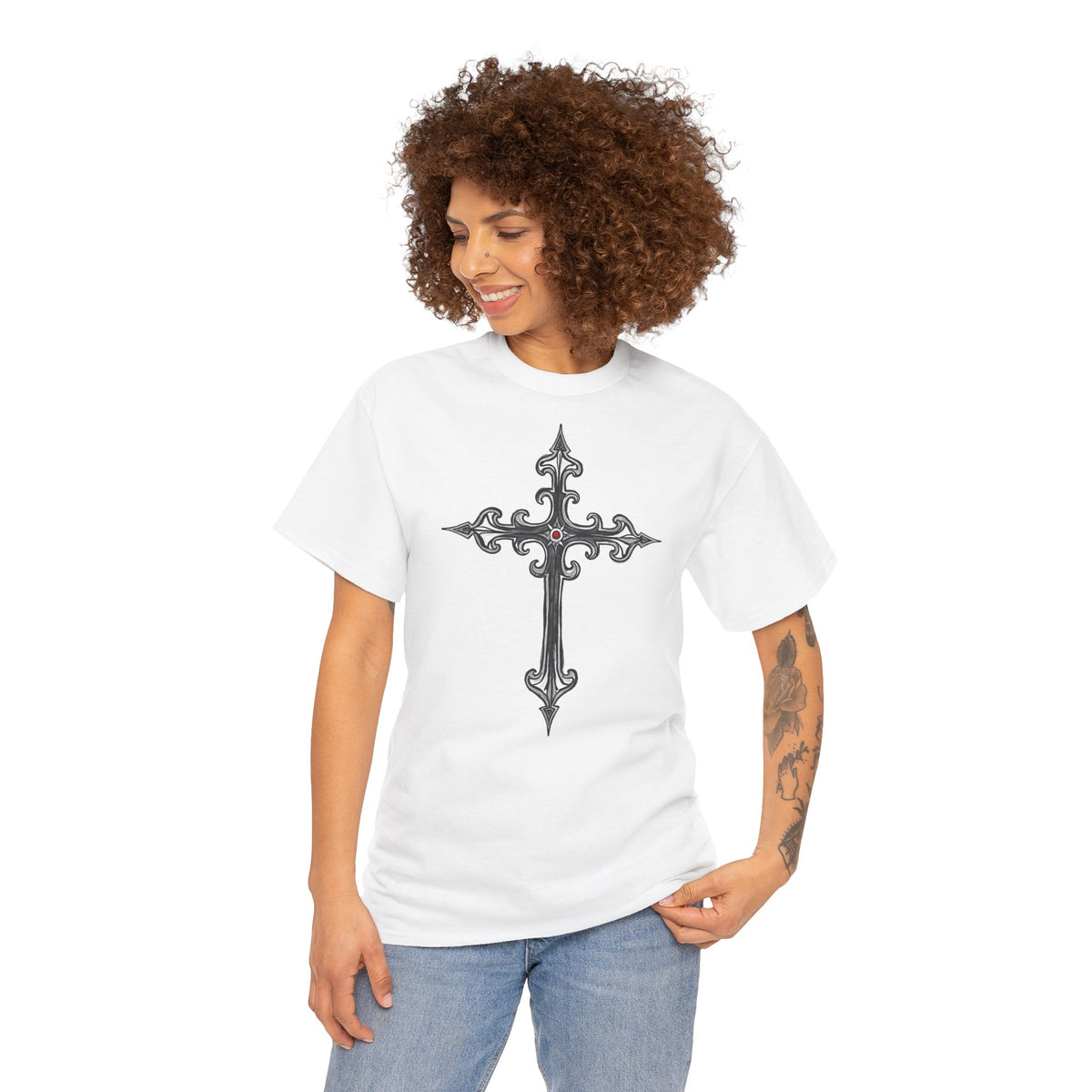Ornate Silver Jeweled Cross Sketch - T-Shirt | Religious Inspirational Tee | Gothic-Style Christian Art