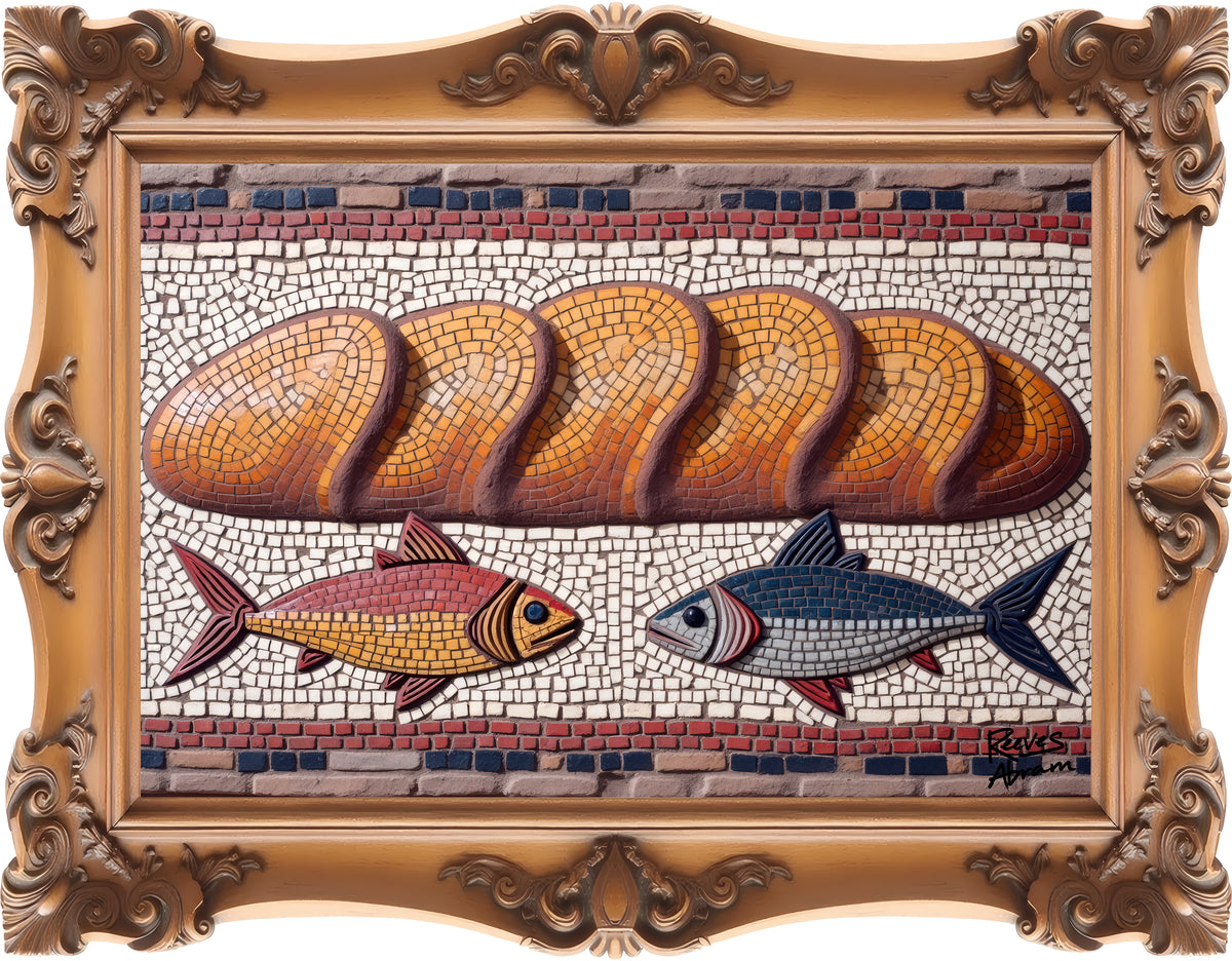 Five Loaves and Two Fish Mosaic - Framed - Crewneck Sweatshirt | Roman-Era-Inspired Christian Art