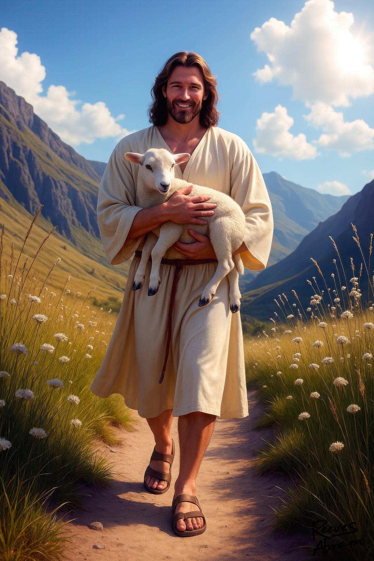 Jesus Carrying the Little Lamb - Crewneck Sweatshirt | The Good Shepherd Christian Art