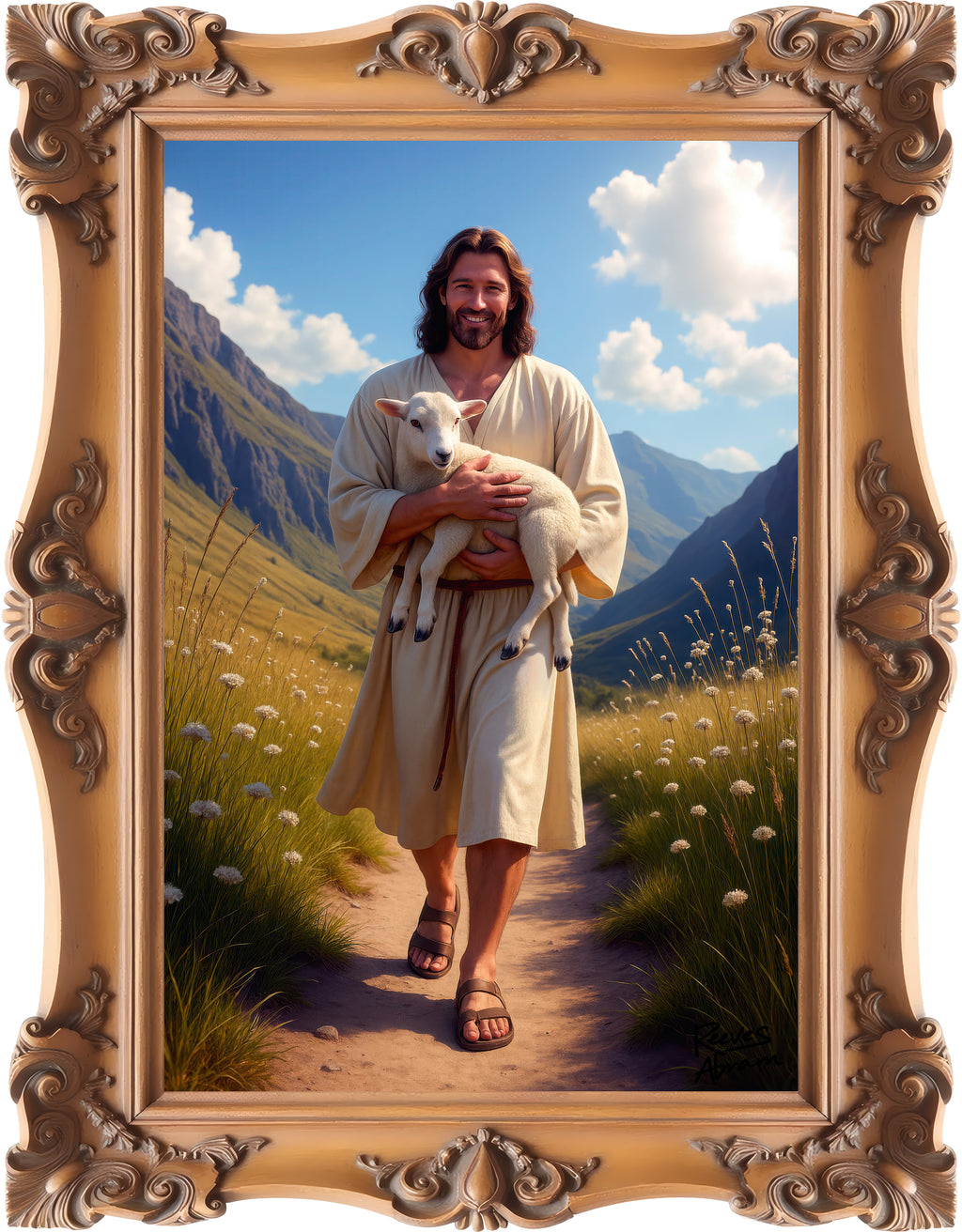 Jesus Carrying the Little Lamb - Framed - Canvas Tote Bag - The Good Shepherd Christian Art