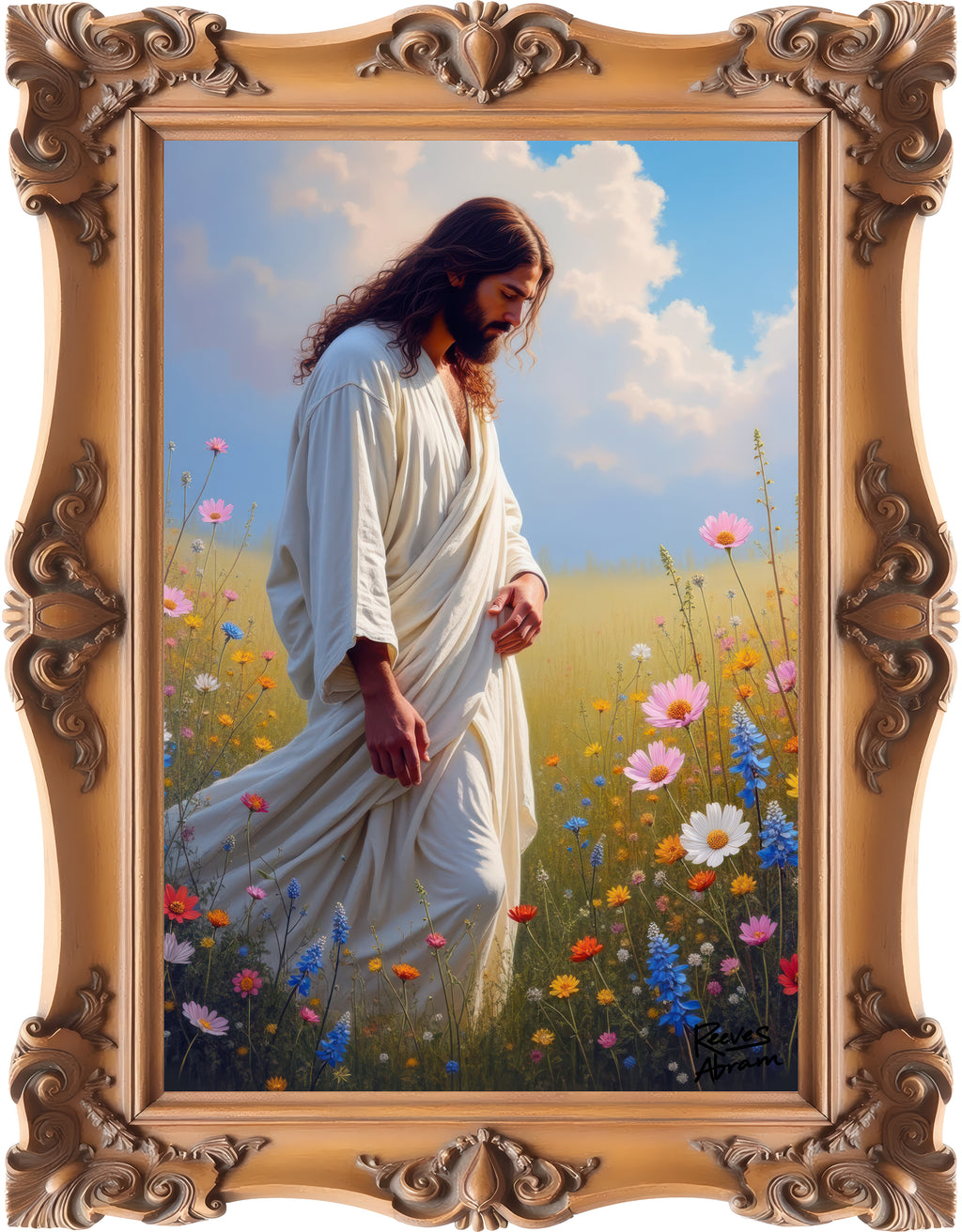 Jesus Among Wildflowers - Framed - Canvas Tote Bag - Christ Walking Prayerfully