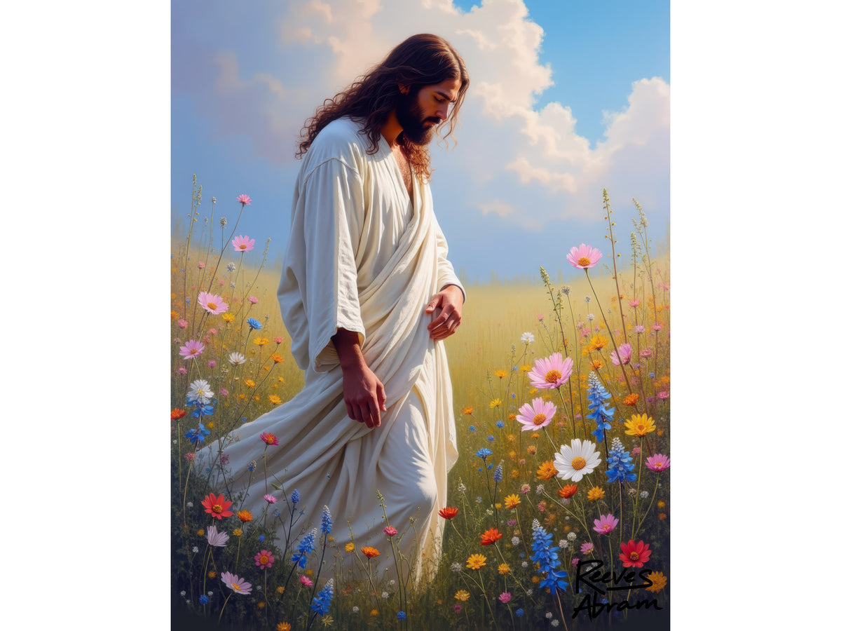 Jesus Among Wildflowers - Canvas Tote Bag - Christ Walking Prayerfully