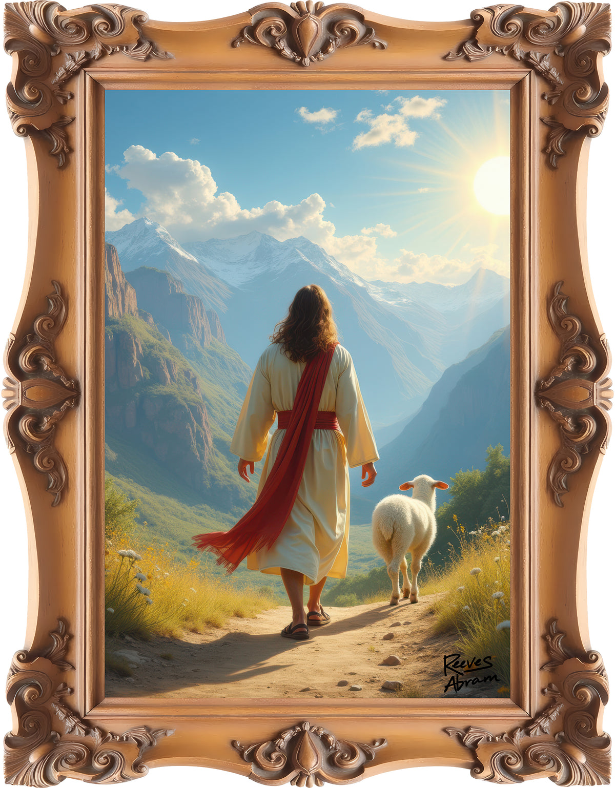Jesus and the Lost Lamb - Framed - T-Shirt | Religious Inspirational Tee, Jesus in Bible Artwork