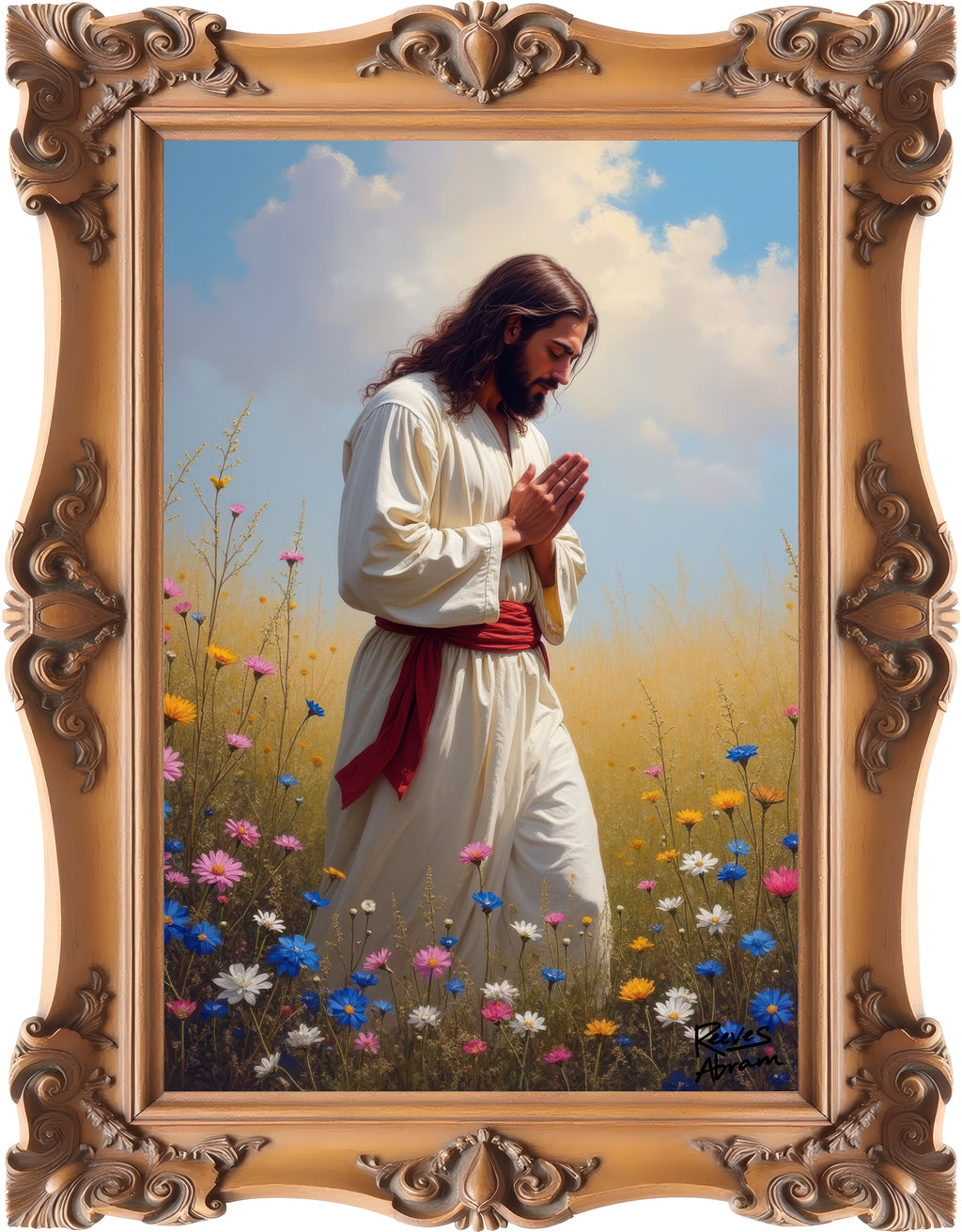 Jesus Praying in Meadow - Framed - Crewneck Sweatshirt | Prayer Shirt
