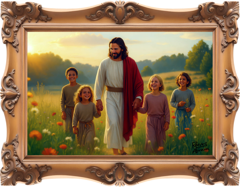 Jesus with Children in Wildflowers - Framed - T-Shirt | Religious Inspirational Tee, Prayer Artwork