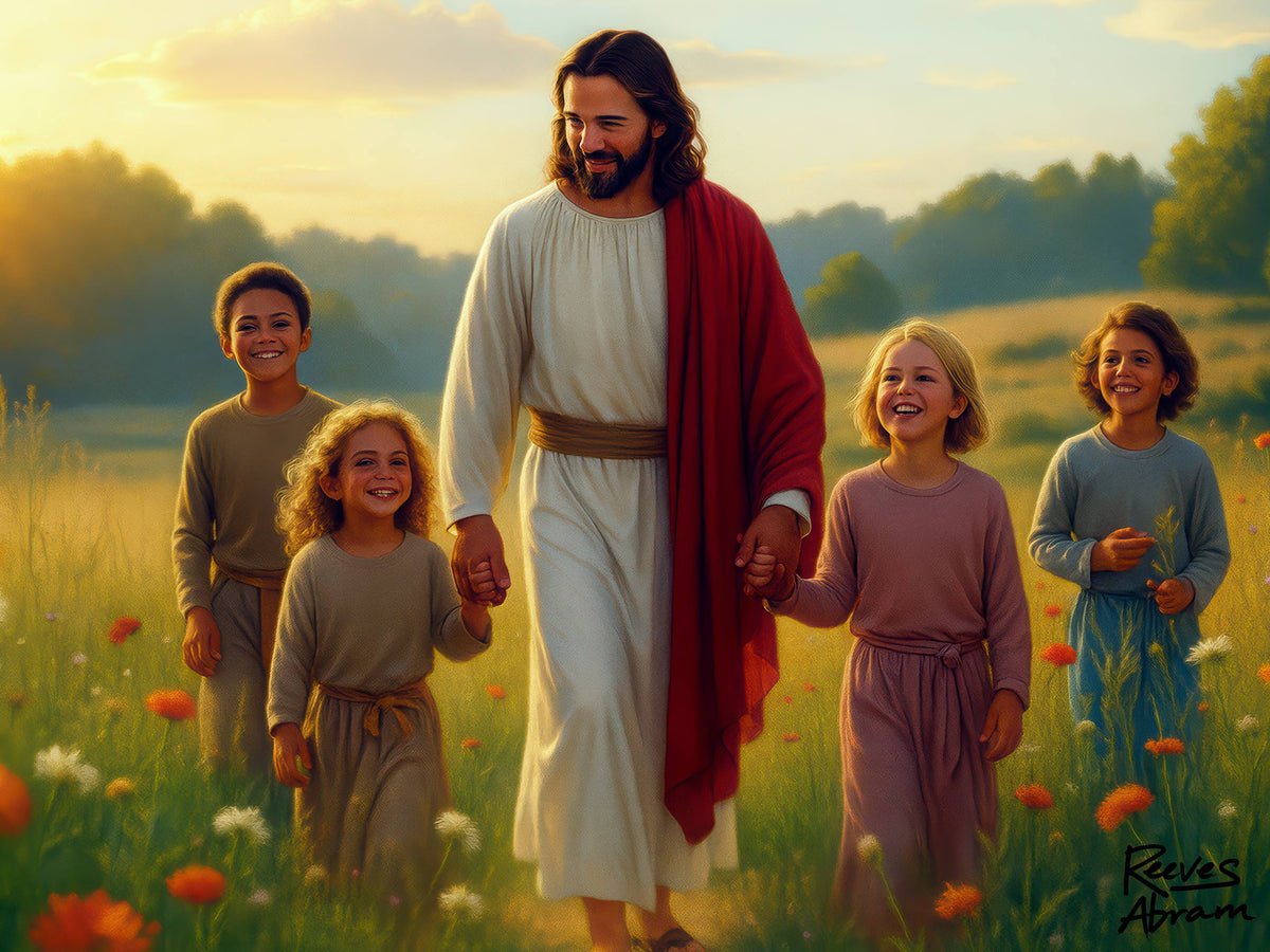 Jesus with Children in Wildflowers - T-Shirt | Religious Inspirational Tee, Prayer Artwork